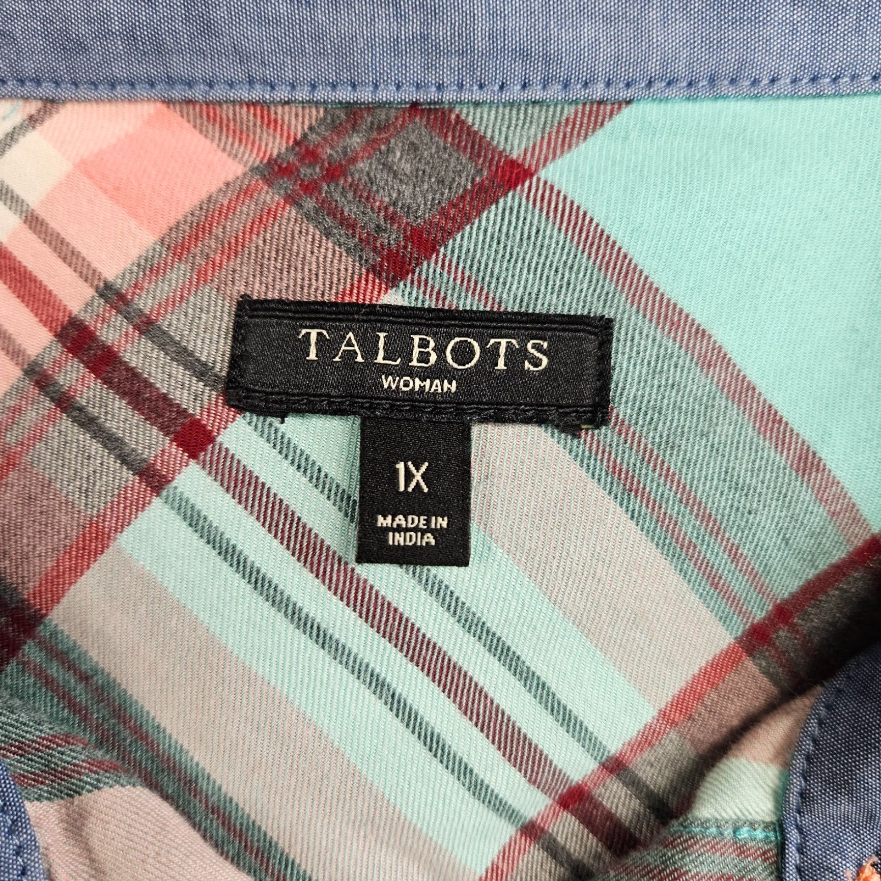 Talbots Talbots Shirt Womens 1X Pink Aqua Plaid Long Sleeve Cotton Button Front Size XL / US 12-14 / IT 48-50 - 6 Thumbnail