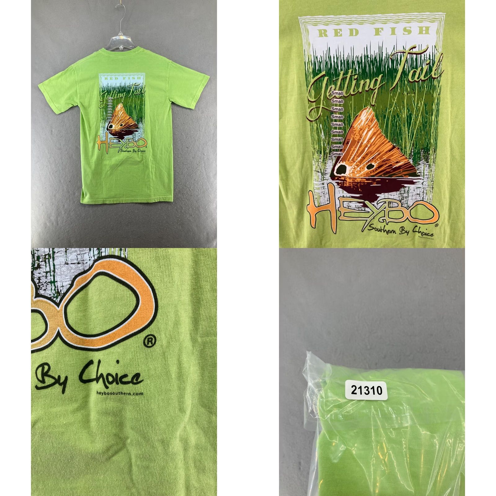 Vintage HeyBo Mens T-Shirt Small Green Fish Getting Tail Graphic Print Crew Neck SS Shirt Size US S / EU 44-46 / 1 - 8 Thumbnail