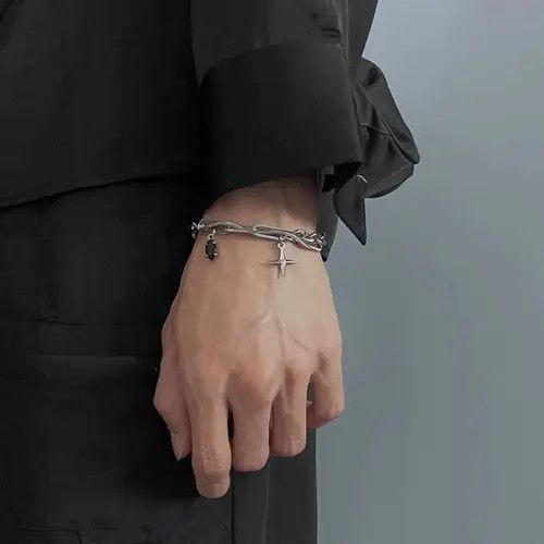 Jewelry Silver Chain Bracelet with Cross and Black Gem Charms Size ONE SIZE - 1 Thumbnail
