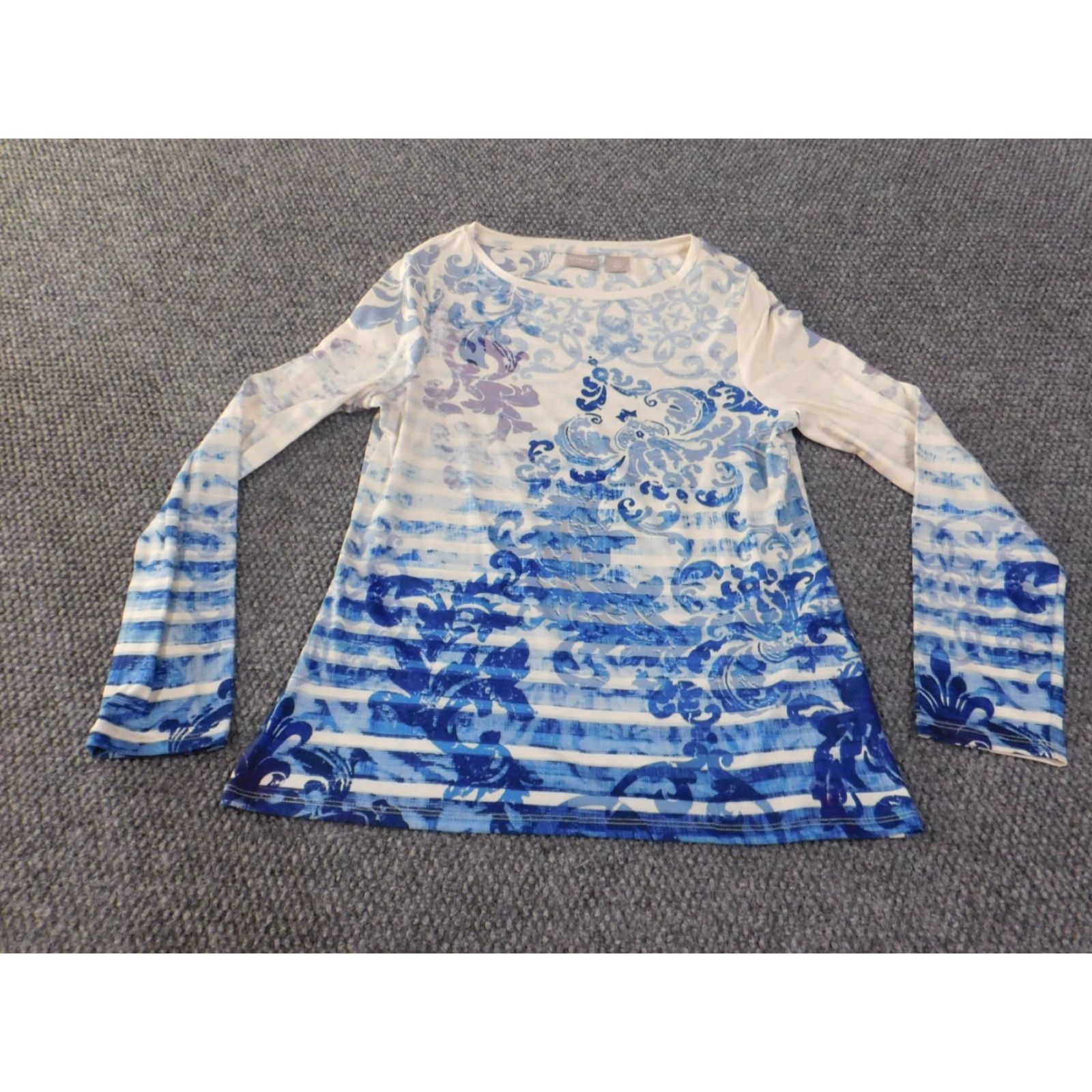 Vintage Chicos Blouse Shirt Womens 0 Blue Floral Knit Polyester Button Round Neck Long Sleeve Casu al Stretch Regular Vintage No Size XS / US 0-2 / IT 36-38 - 2 Thumbnail