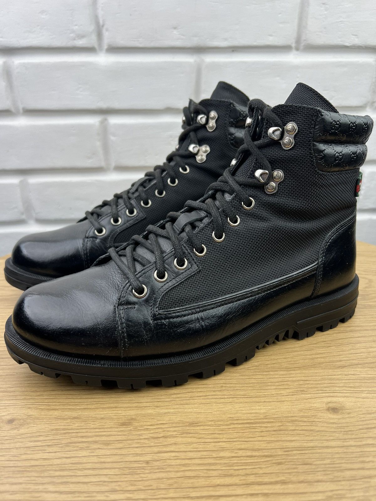 Gucci GUCCI Boots Combat Leather Shoes Lace Up GG Monogram Web Size US 8 / EU 41 - 1 Thumbnail