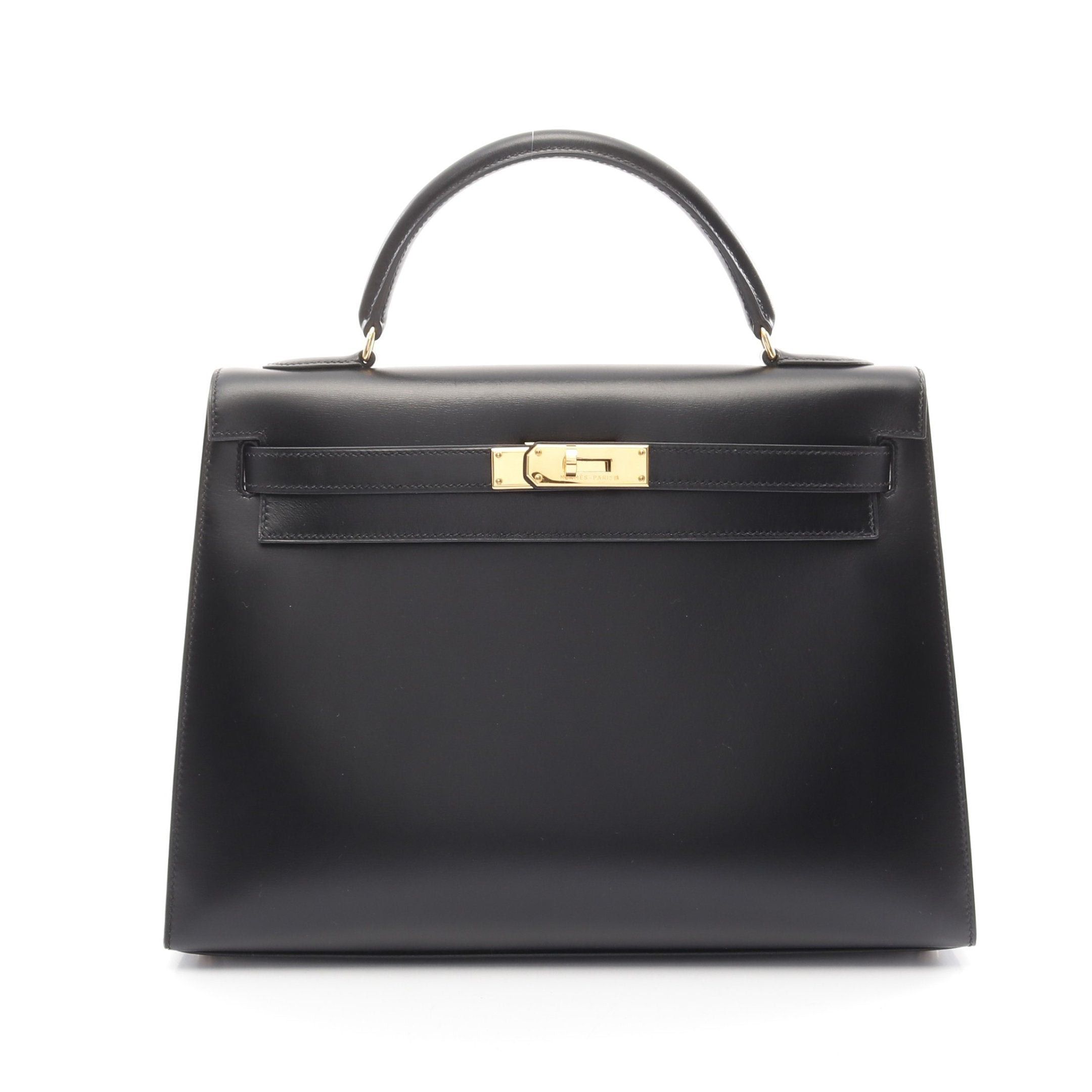 Hermes Kelly32 Handbag Box Calf Black Gold Hardware Outside Sewing ○A Stamp