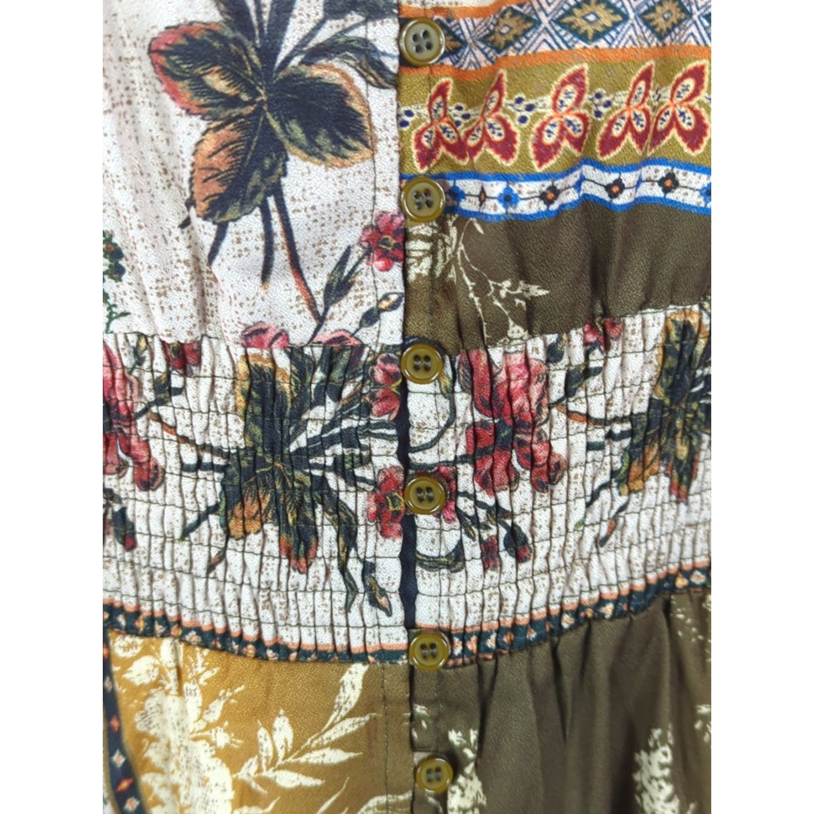 Halo Talisman Halo Maxi Boho Long Sleeve Dress S Button Front V-Neck Multicolor Patchwork Puff Sleeve Fruits? (Note: placeholder) Size S / US 4 / IT 40 - 2 Thumbnail