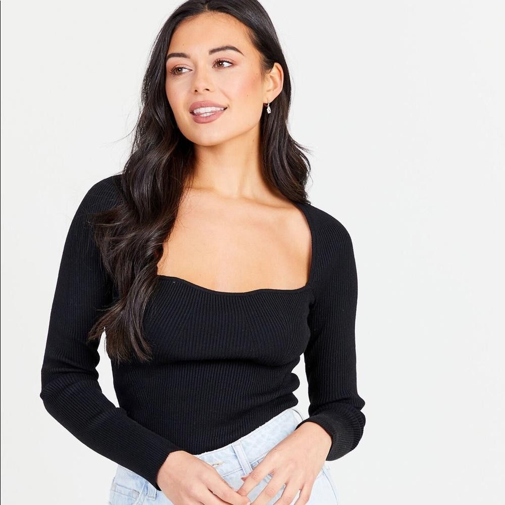 Designer Black Ribbed Sweatheart Neckline Jamie Sweater Size L / US 10 / IT 46 - 1 Thumbnail
