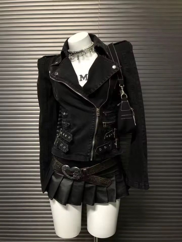Other Washed Punk Gothic Motorcycle Denim Jacket Y2k Size M / US 6-8 / IT 42-44 - 2 Thumbnail