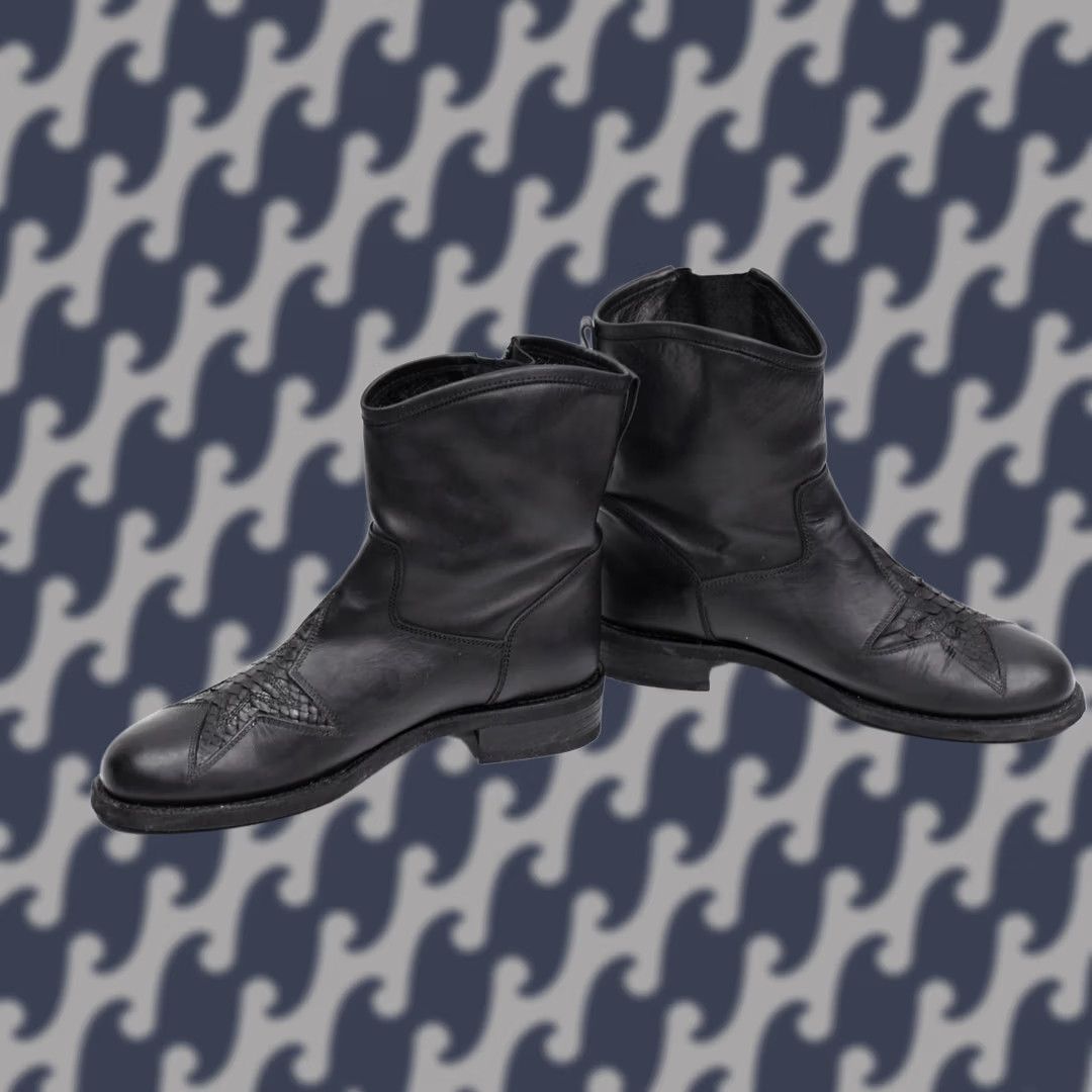 Skin Sancho Boots Women's Black Biker Leather Mid-Calf Size 39 US 8.5 Low Heel Snake Skin Pattern? Size US 9 / IT 39 - 1 Thumbnail