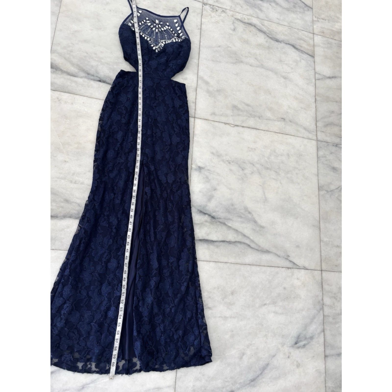 Vintage Yes B. Darlin Dress Y2K Formal Prom Navy Blue Lace Cut Out  Embellished Size 3/
