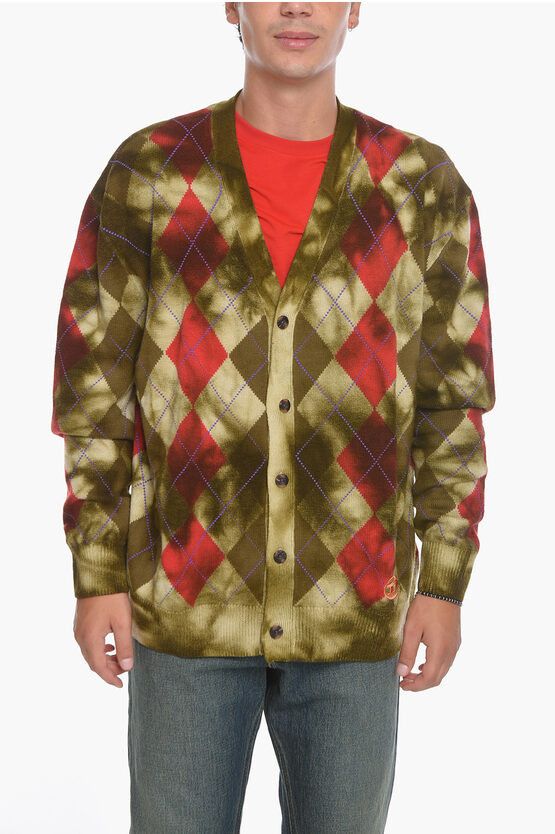 image of Diesel Wool K-Addice Cardigan With Check Pattern in Green, Men's (Size XL)