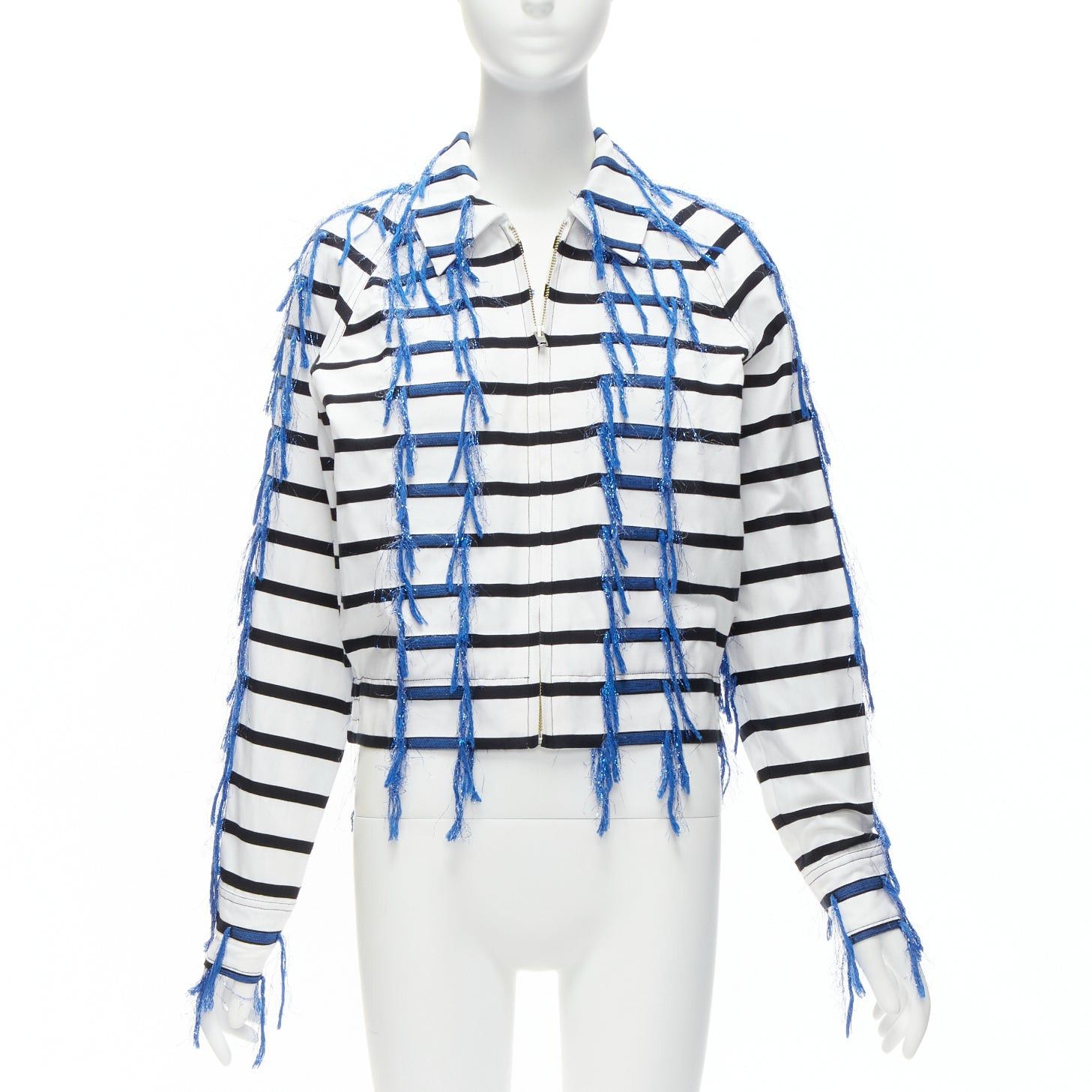 ANAIS JOURDEN ANAIS JOURDEN blue white black striped tassel trim raglan cropped jacket FR36 S Size S / US 4 / IT 40 - 1 Thumbnail