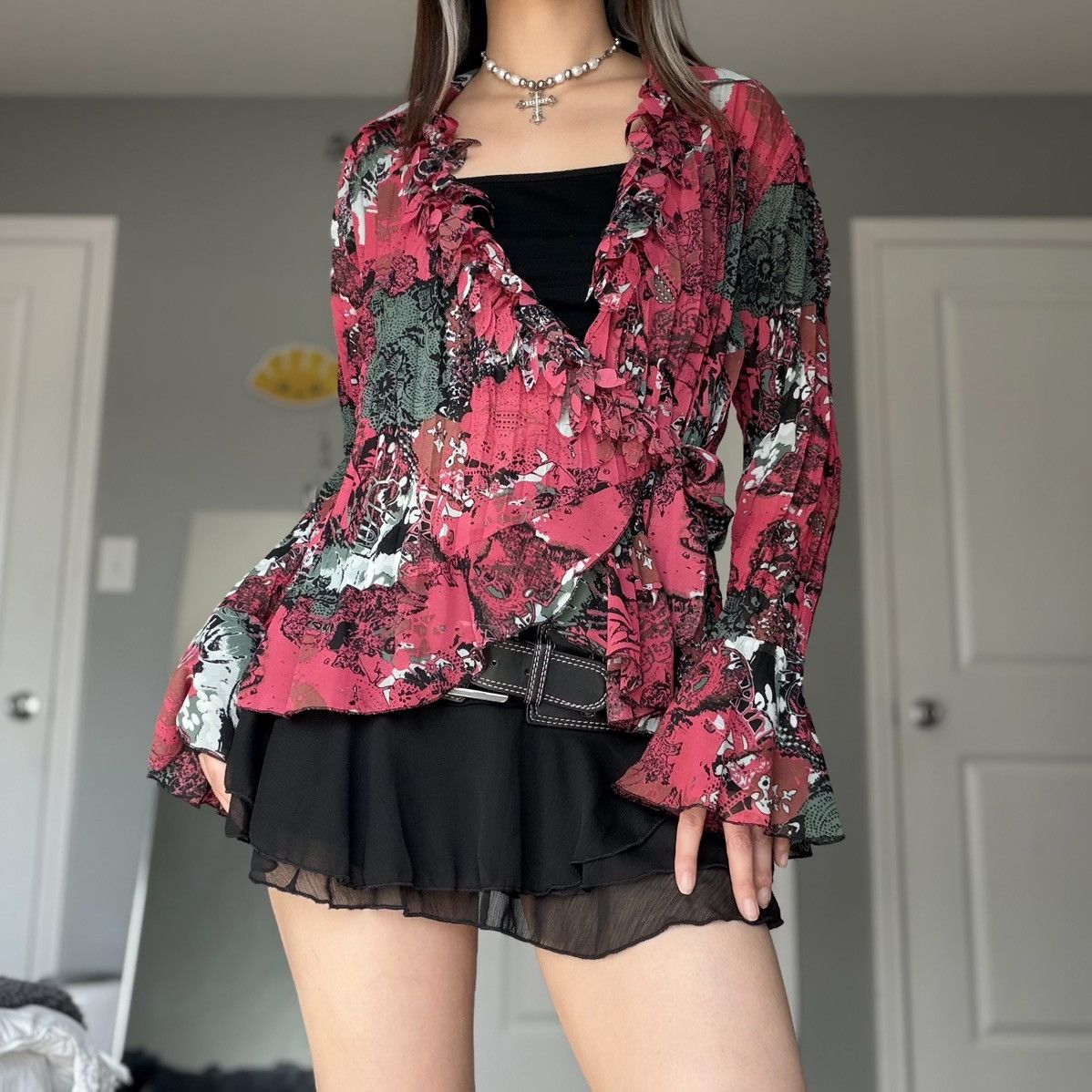Other Studio 1940 Kimono Tied Wrap Blouse Raspberry Floral Graphic Size M / US 6-8 / IT 42-44 - 7 Thumbnail