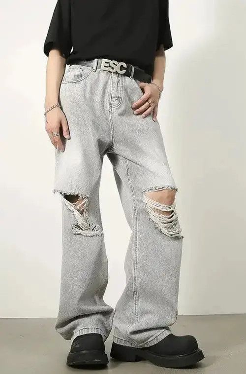 VIBE Distressed Denim Wide Leg Ripped Jeans Size US 32 / EU 48 - 3 Thumbnail