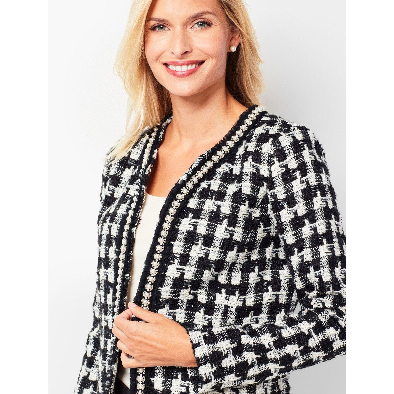 Talbots Talbots Houndstooth Black White Pearl Trim Tweed Blazer 14 Size XL / US 12-14 / IT 48-50 - 2 Thumbnail