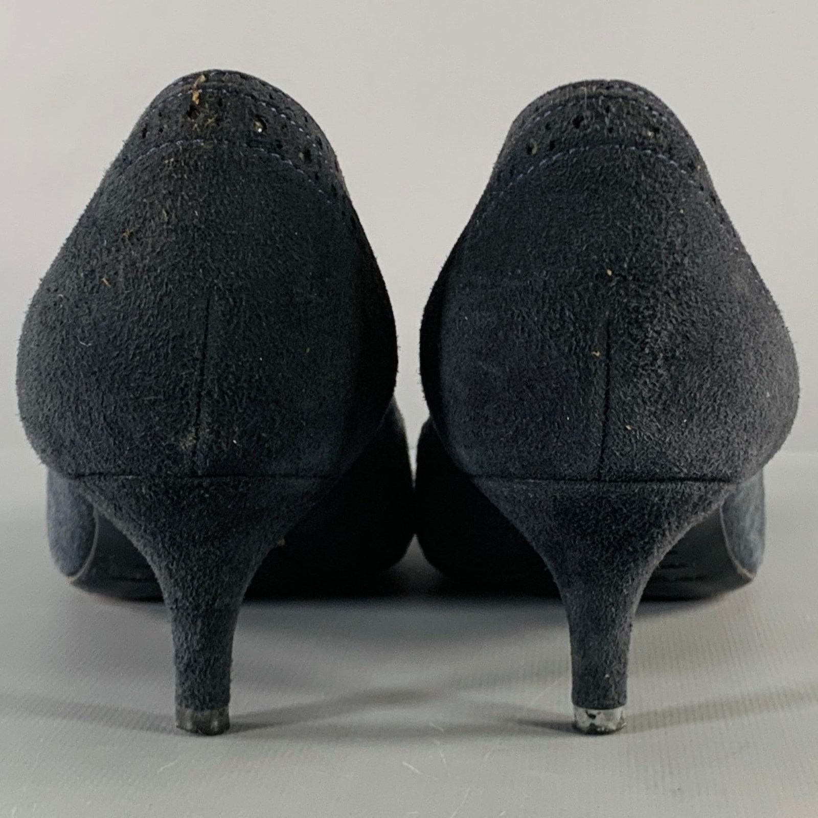 Sergio Rossi Size 6.5 Navy Suede Perforated Kitten Heel Pumps Size US 6.5 / IT 36.5 - 3 Thumbnail