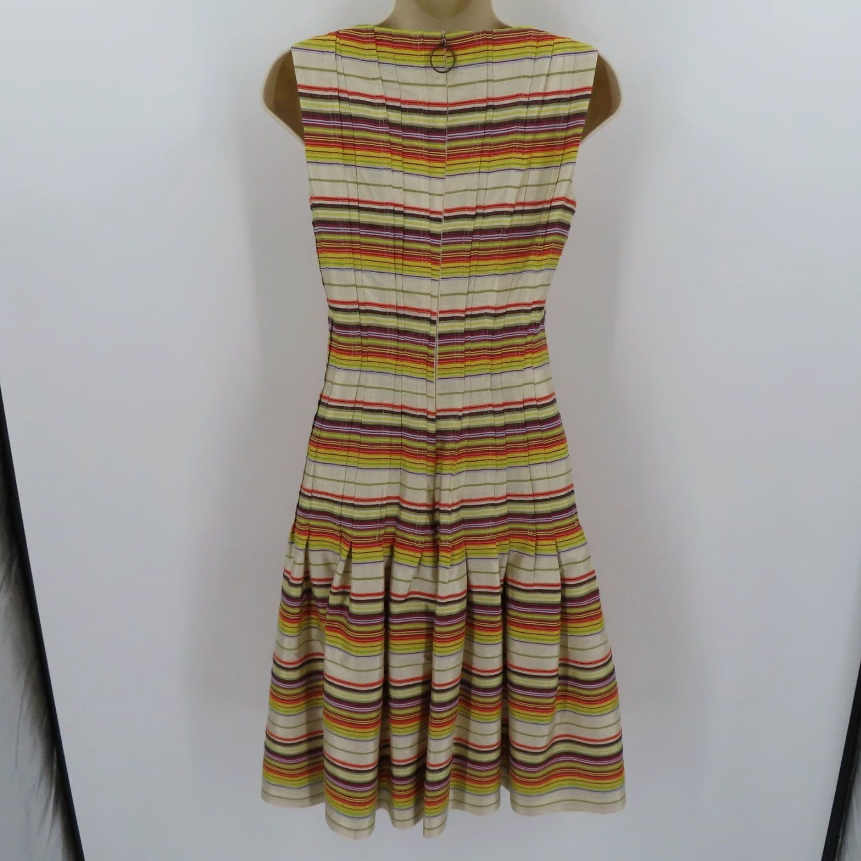 Akris Akris Punto Dress Woman 4 US 36 FR Multicolor Horizontal Stripe Pleated Knee Length Silk A-Line Sleeveless Zip Back Womens Size S / US 4 / IT 40 - 6 Thumbnail