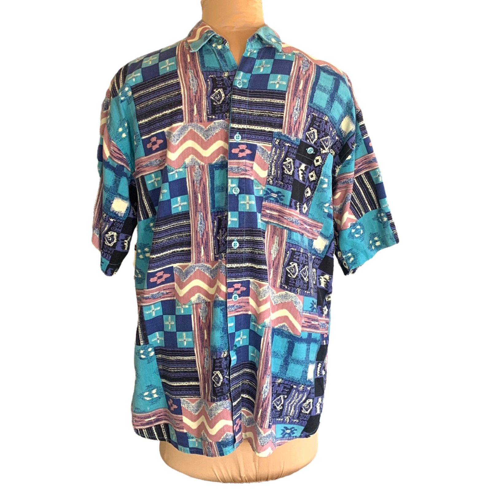 Vintage Vintage Van Heusen 90s Patchwork Button Up Shirt Turquoise Size US L / EU 52-54 / 3 - 2 Thumbnail