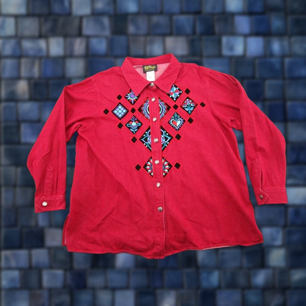 Bob Mackie VINTAGE Bob Mackie Wearable Art Embroidered Flowers Hearts Red Denim Jacket 1X Women Plus Size Jacket Embroidered Flowers Red Denim Mackie Art Size XL / US 12-14 / IT 48-50 - 1 Thumbnail
