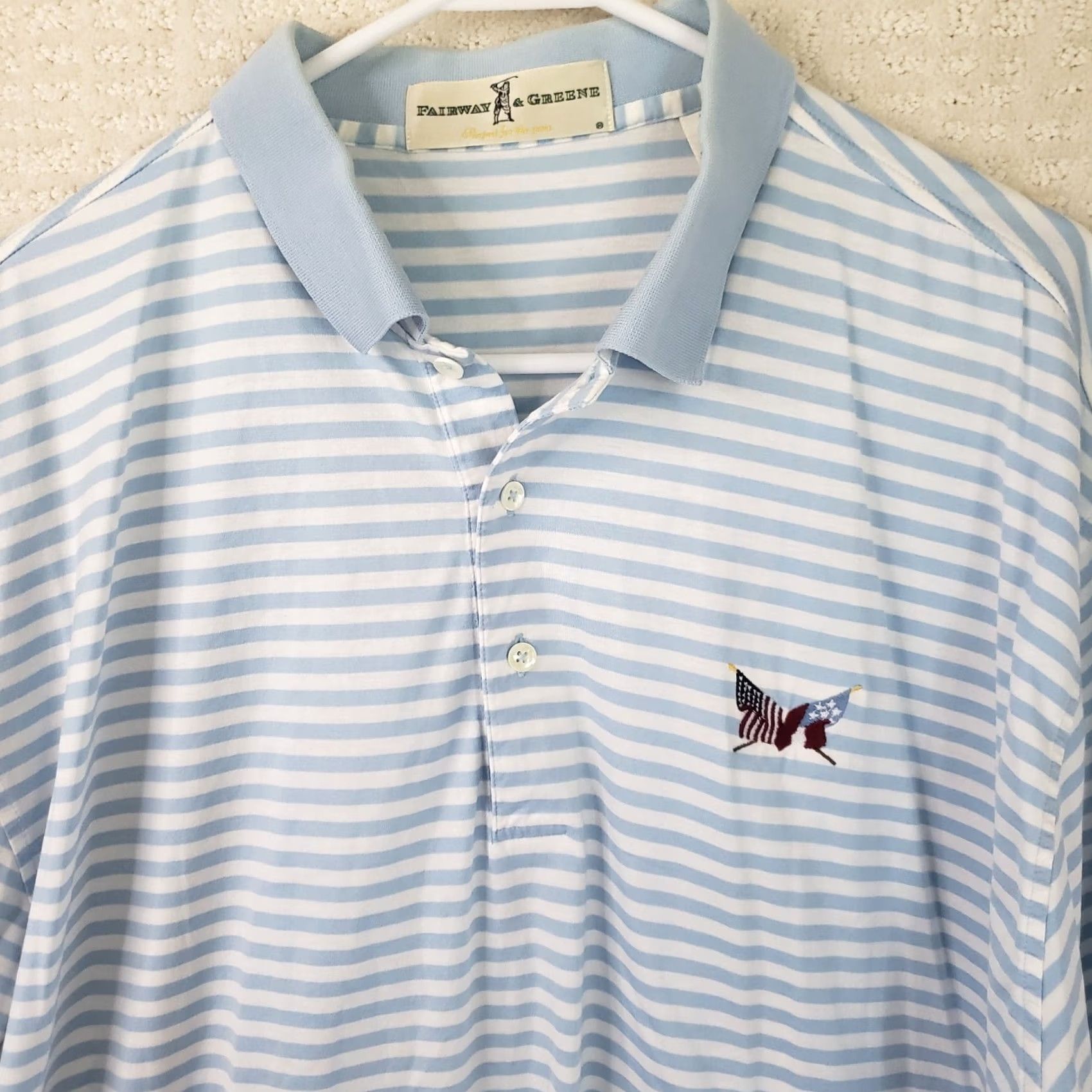 Vintage Fairway & Greene Polo Shirt Blue Striped Short Sleeve Collared Logo Embroidered Flags Chip Golf Shirt Mens L Size US L / EU 52-54 / 3 - 3 Thumbnail