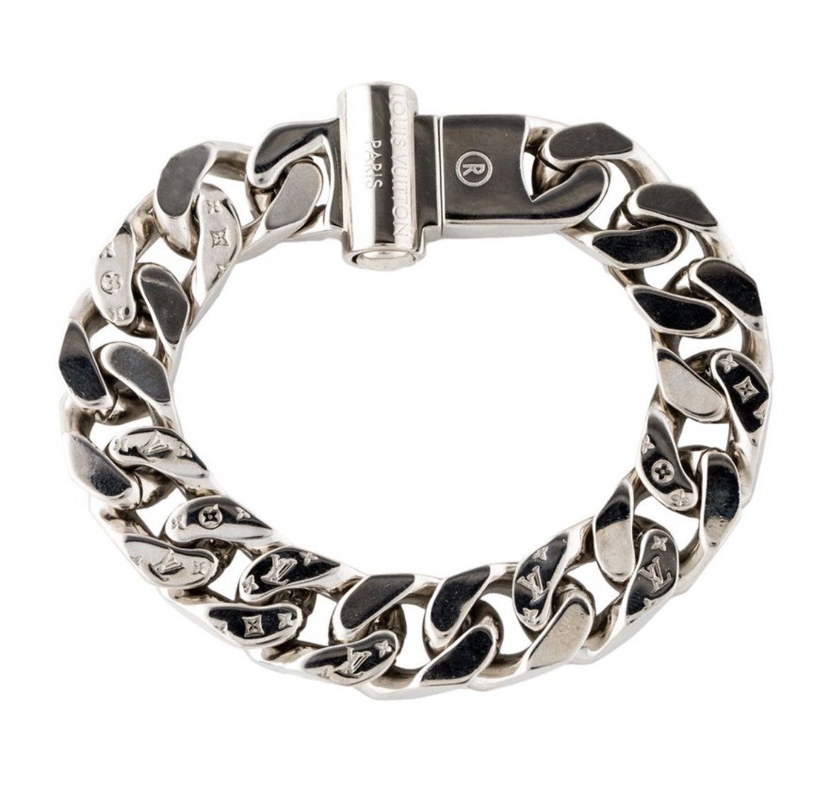 Louis Vuitton Chain Links Bracelet Engraved Monogram Silver