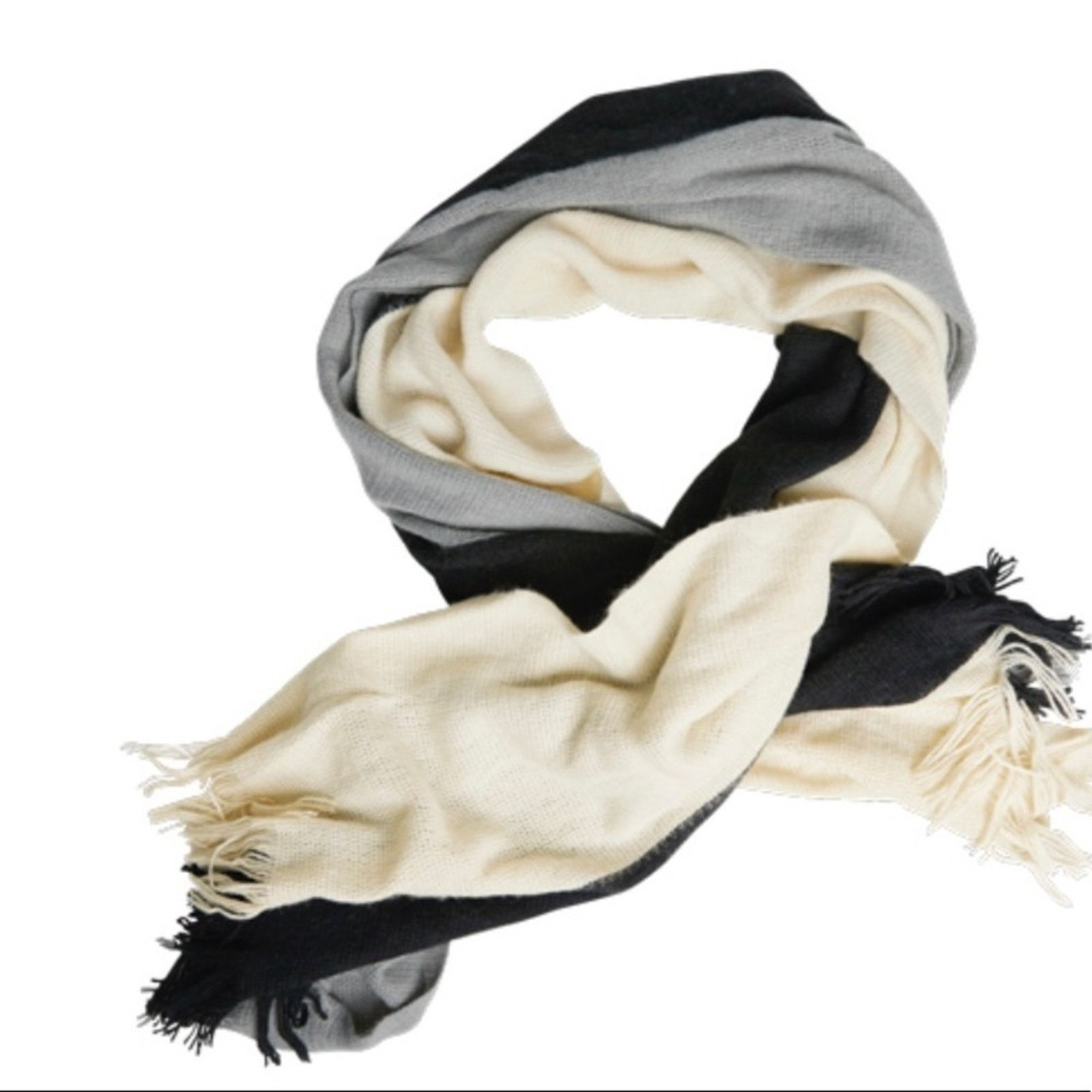 DONNI. DONNI Tri-Color Scarf Black Gray Cream Acrylic Wrap NWT Size ONE SIZE - 1 Thumbnail