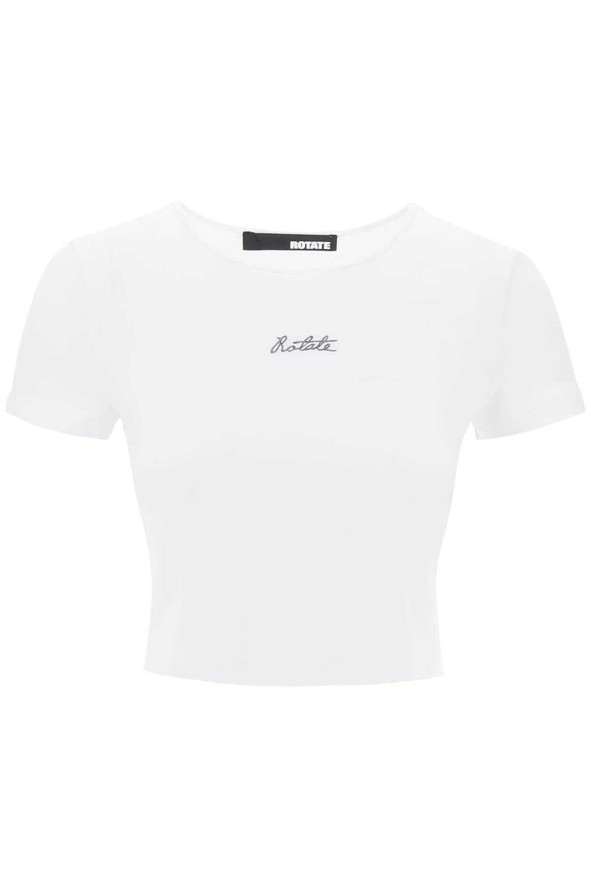 image of Rotate Birger Christensen Rotate Cropped T-Shirt With Embroidered Lurex Logo in Bright White, Women