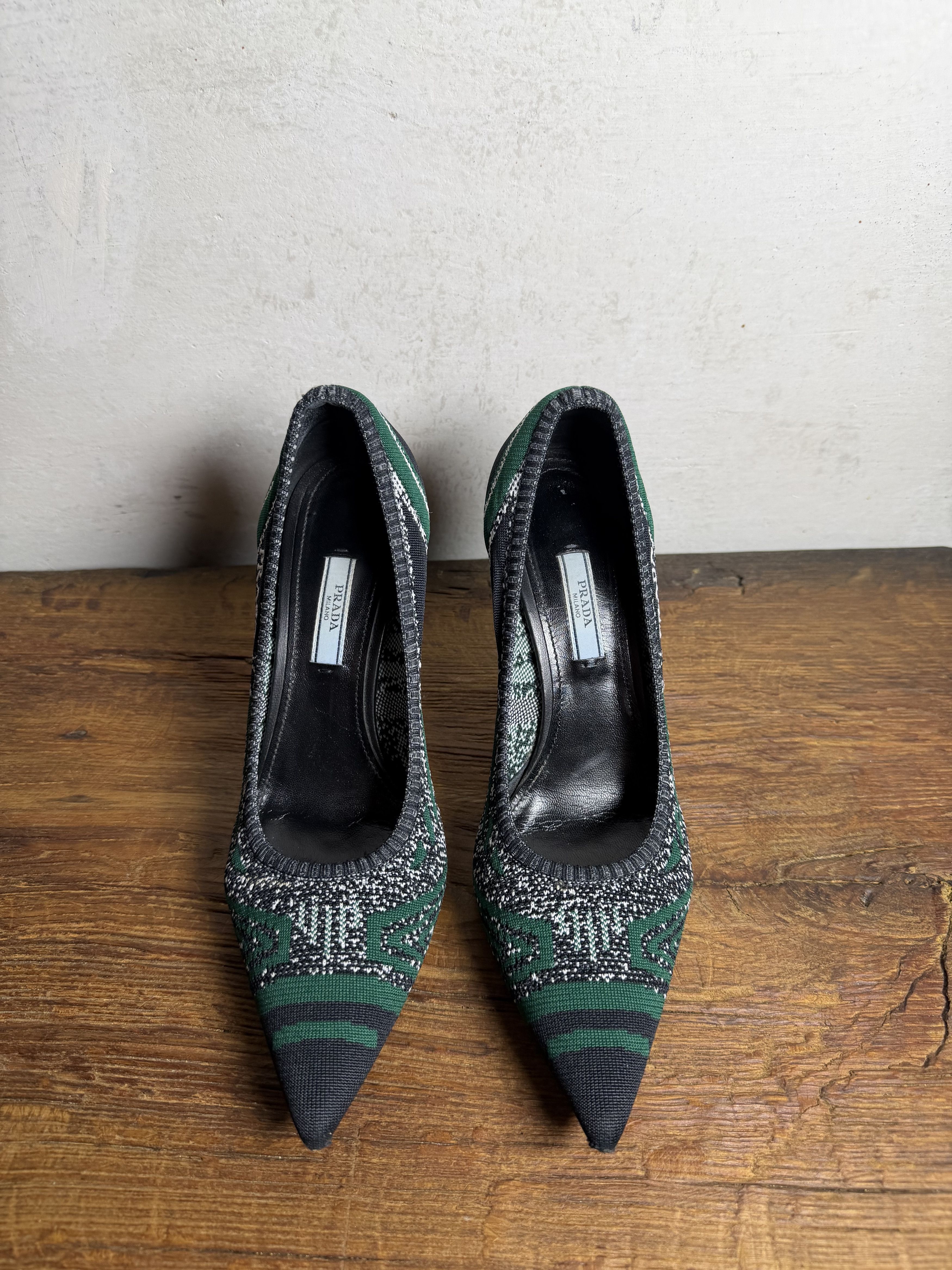 Prada Prada Green/Black Printed Knit Fabric Pointed Toe Pumps Size US 10 / IT 40 - 15 Thumbnail