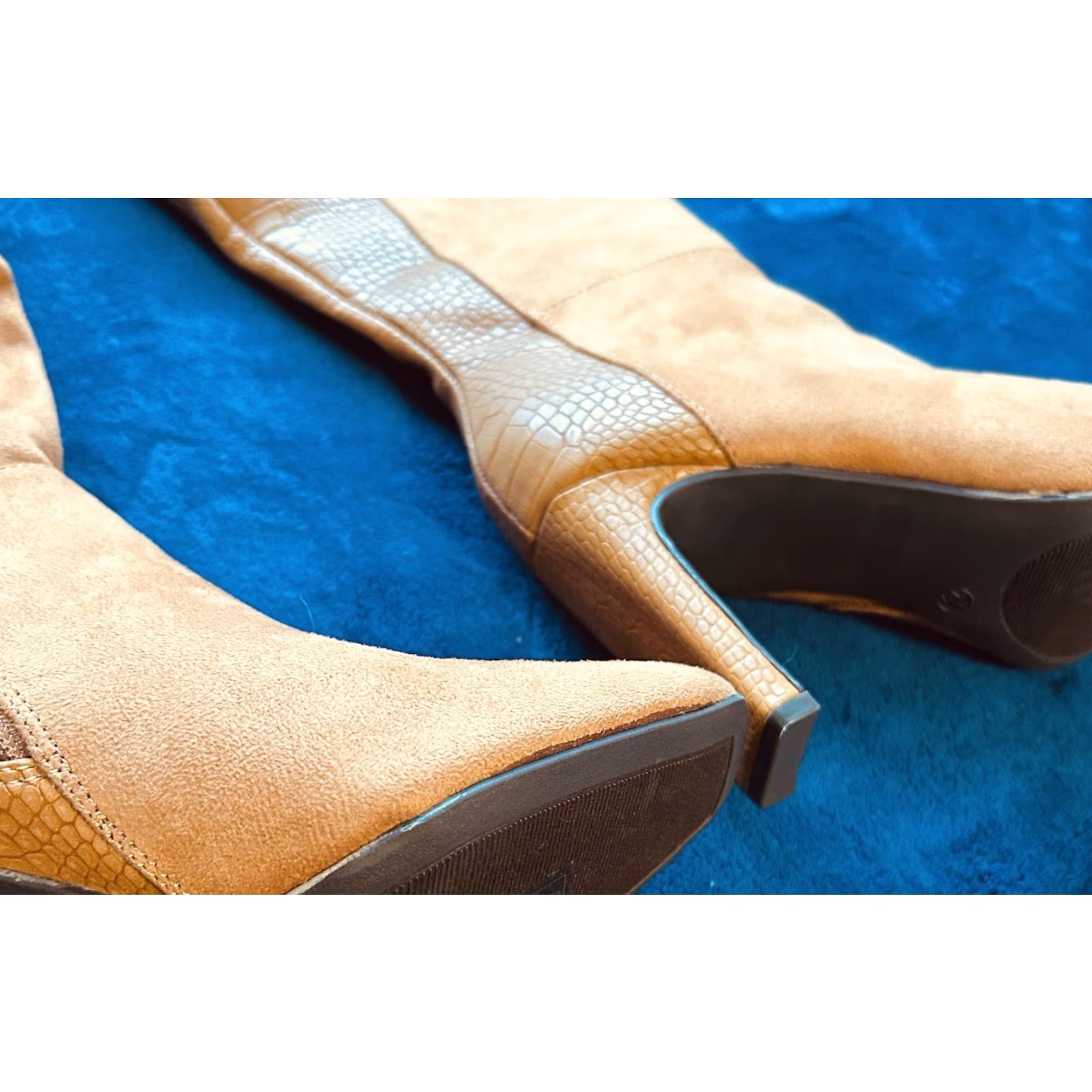 Vintage VINTAGE? No — Knee High Boots Women 7.5 Brown Faux Snake Skin Sued Side Zipper High Heel Block Western Amazon Boots Size US 8 / IT 38 - 4 Thumbnail