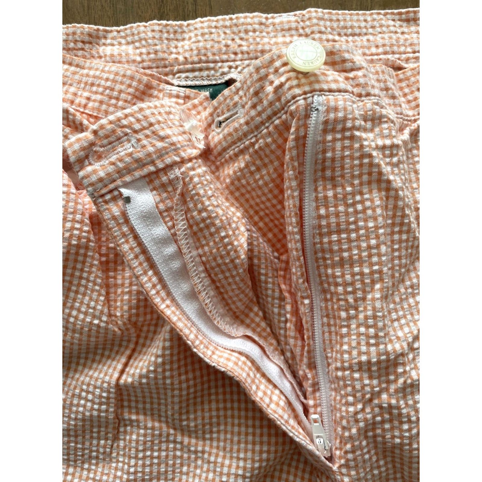 Ralph Lauren VINTAGE Lauren Ralph Lauren Seersucker Crop Pants Womens 14 32x21 Orange/White Gingham Plaid Cropped Slim Straight Leg Beach Preppy Resort Womens Size 36" / US 14 / IT 50 - 4 Thumbnail