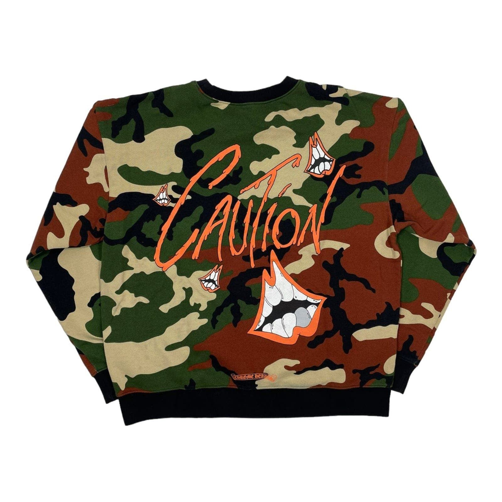 image of Chrome Hearts Matty Boy Caution Crewneck Sweatshirt Camo, Men's (Size XL)