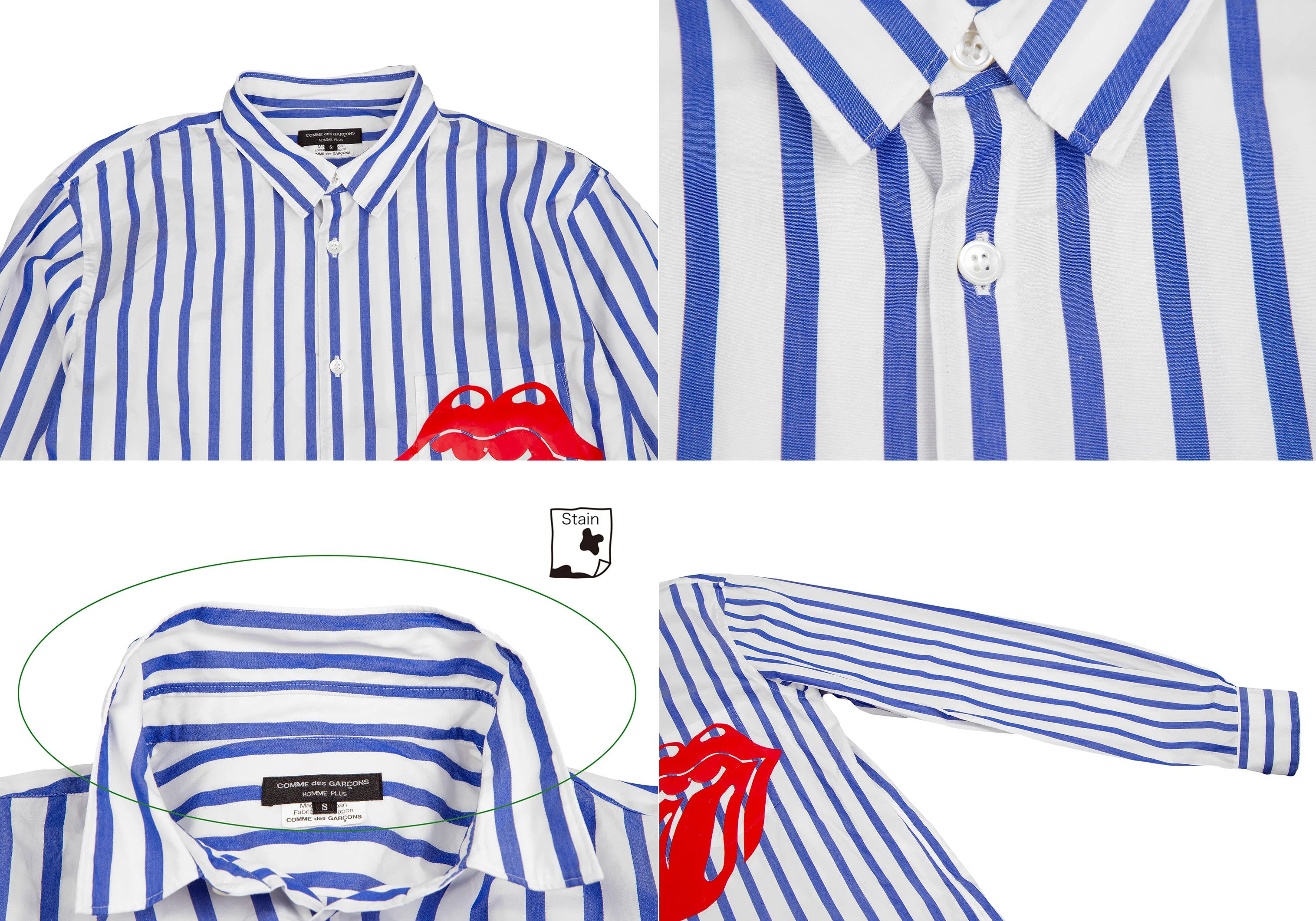 Comme des Garcons Homme Plus Rolling Stones Lip and Tongue Print Stripe Shirt White Blue Size US S / EU 44-46 / 1 - 2 Thumbnail