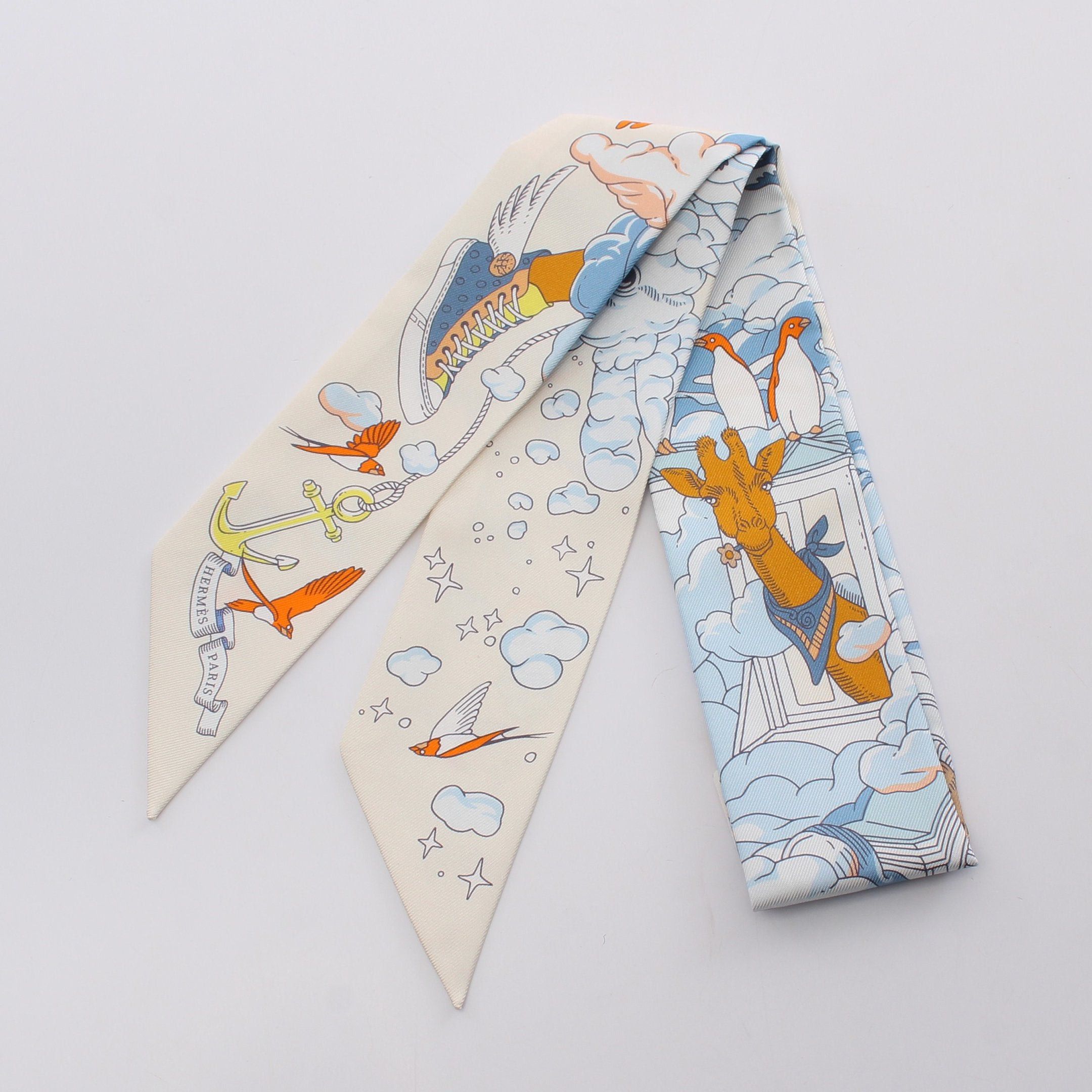 image of Hermes Twilly Sur Mon Nuage Ribbon Scarf Silk Off White Multicolor, Women's
