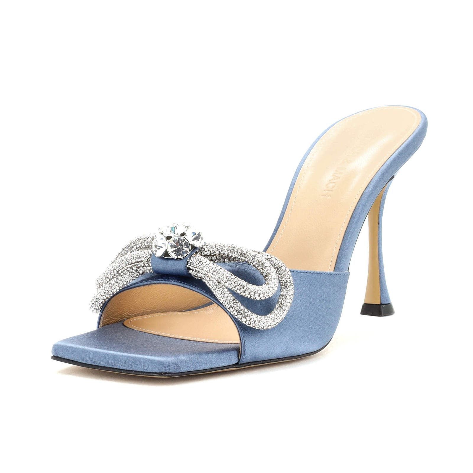 image of Mach&mach Women's Double Bow Square Toe Heel Shoesed Mules Satin None Shoes in Blue (Size 11)