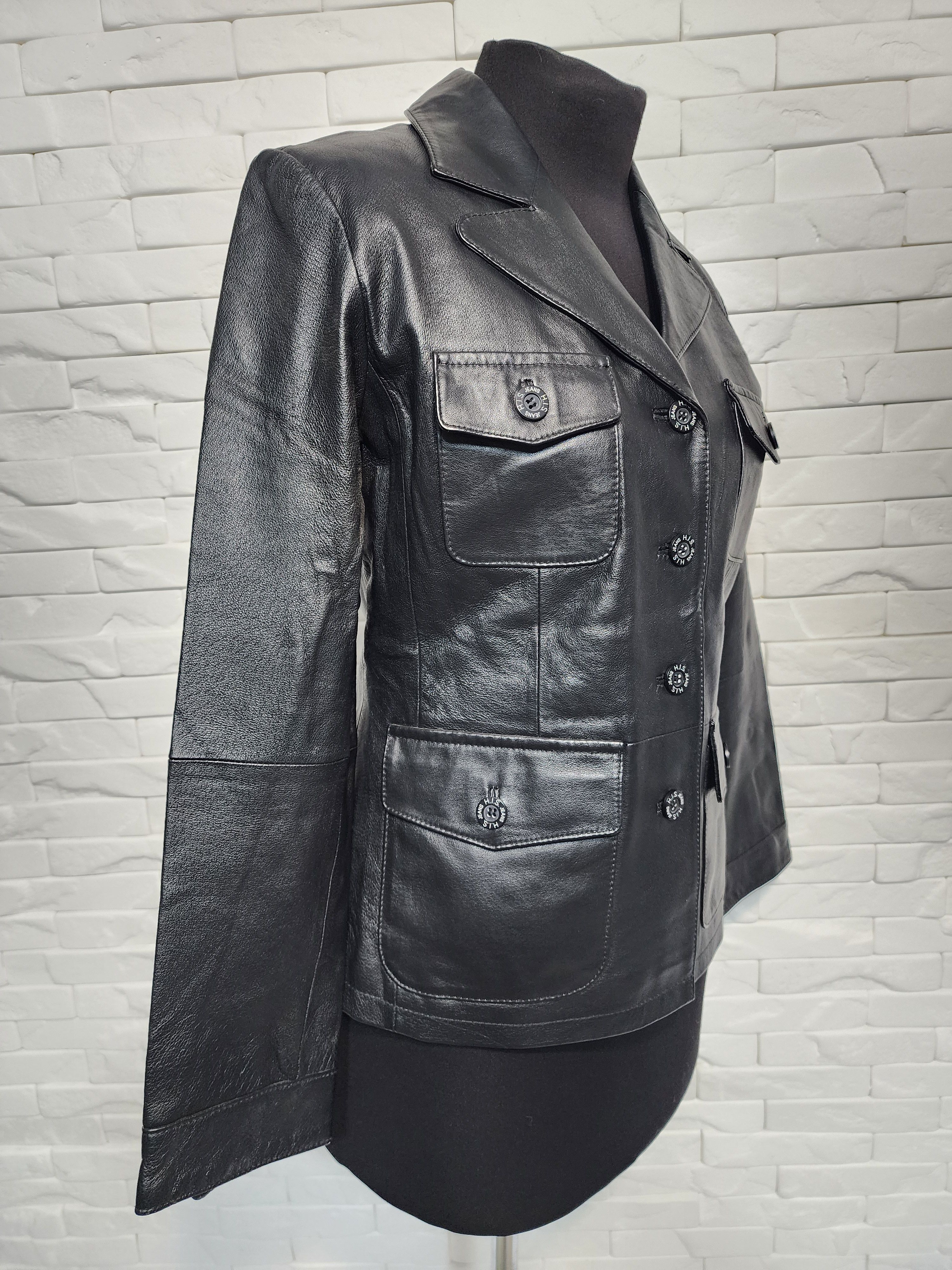 Genuine Leather Black Leather Jacket: Buttoned Women's Coat Size M / US 6-8 / IT 42-44 - 3 Thumbnail