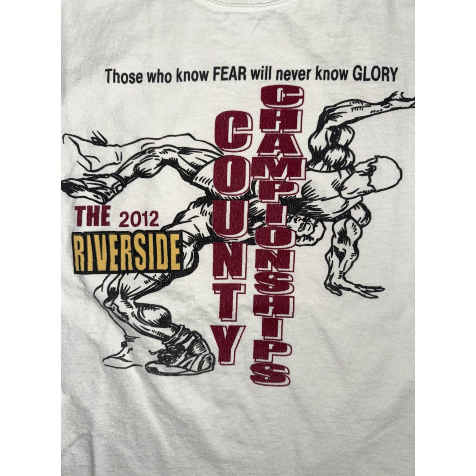 Gildan VINTAGE 2012 Riverside County Wrestling Championships T-Shirt White Large 21x28 Mens Cotton Graphic Print Short Sleeve Crew Neck 100% White Size US L / EU 52-54 / 3 - 2 Thumbnail