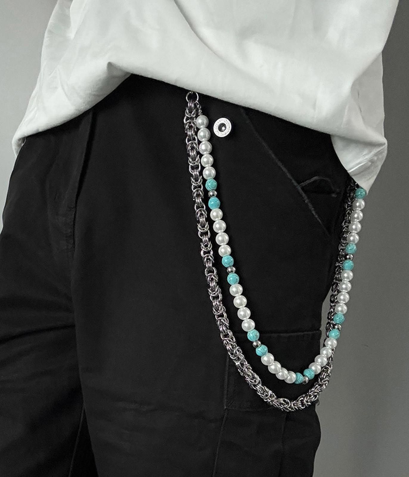 Japanese Brand Stylish Pearl and Chain Belt with Turquoise Accents Size ONE SIZE - 3 Thumbnail