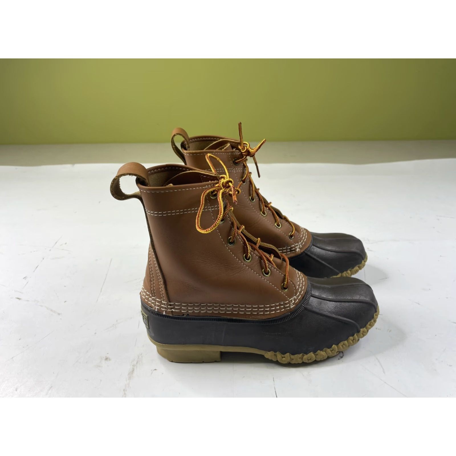 Vintage LL Bean Boots Women's 7M Tan Brown Leather L.L.Bean Bean Boots Duck Rain Boot Lace Up M Rubber Block Heel Flat Hunting Size US 7 / IT 37 - 2 Thumbnail