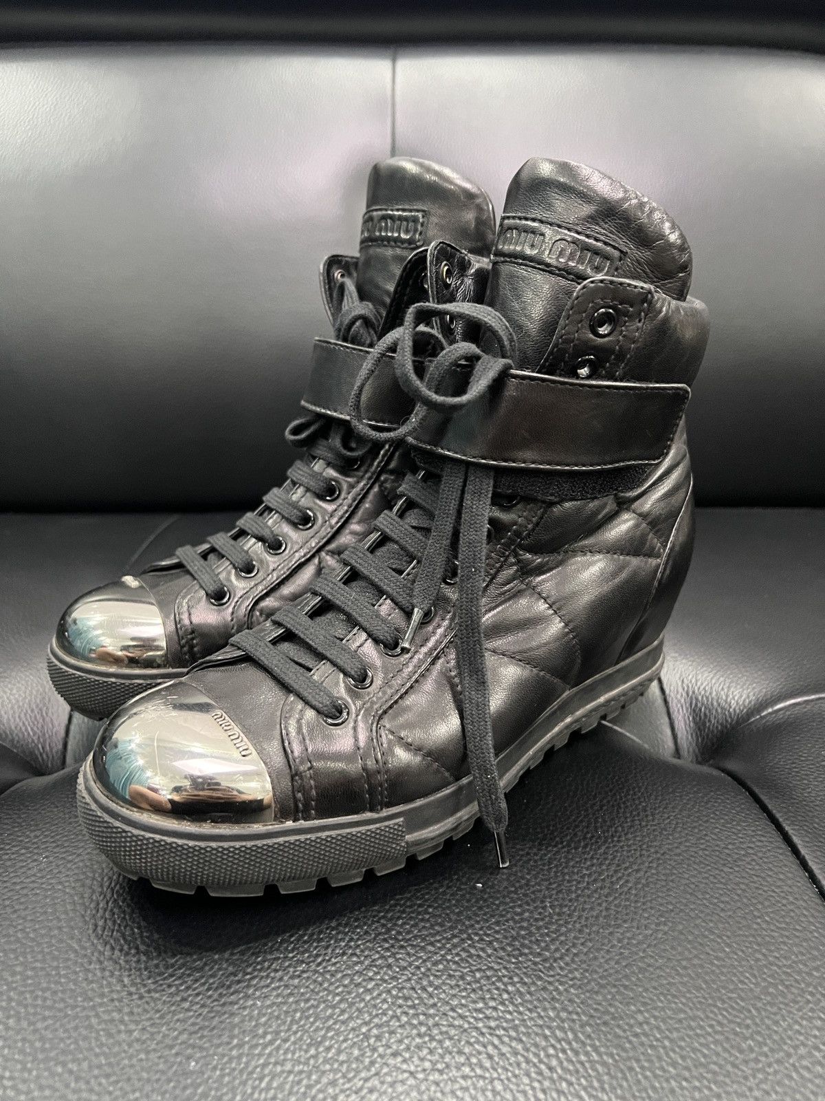 Miu Miu Miu Miu Metal Toe Lace-Up Wedge High-Top Boots Size US 7.5 / IT 37.5 - 1 Thumbnail