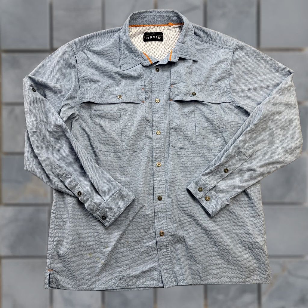 Orvis Orvis Shirt Men L Blue Seersucker Button-Down Nylon Polyester Breathable Pockets Size US L / EU 52-54 / 3 - 1 Thumbnail
