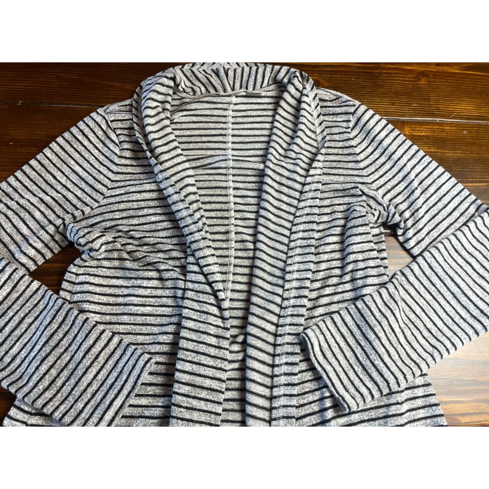 Vintage Chico's Sweater Cardigan, Women Size 4 Regular, Gray Black Striped Open Long Sleeve, Casual, Fall Spring Summer, Womens Size S / US 4 / IT 40 - 3 Thumbnail