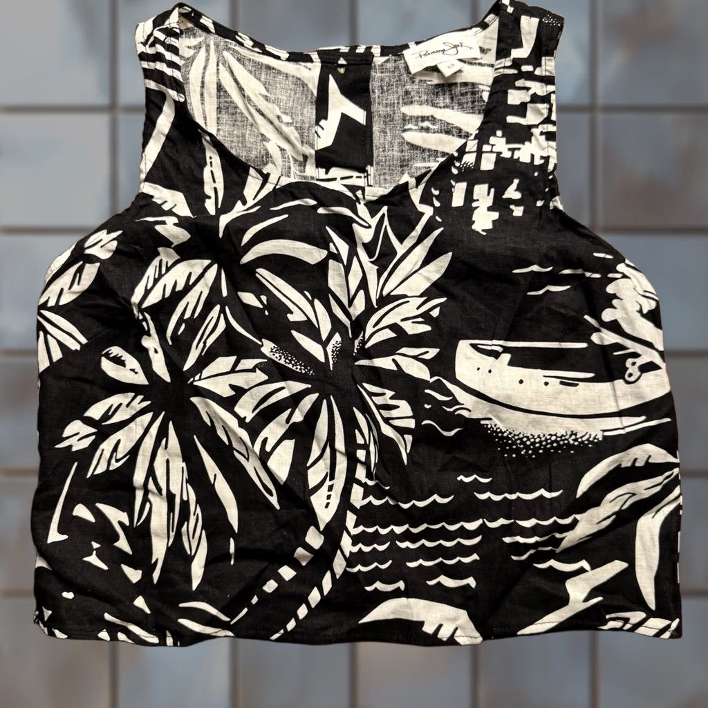 Panama Jack Womens Tank Top Xs Black Leaf Print Linen Coastal Resort Wear, Women's