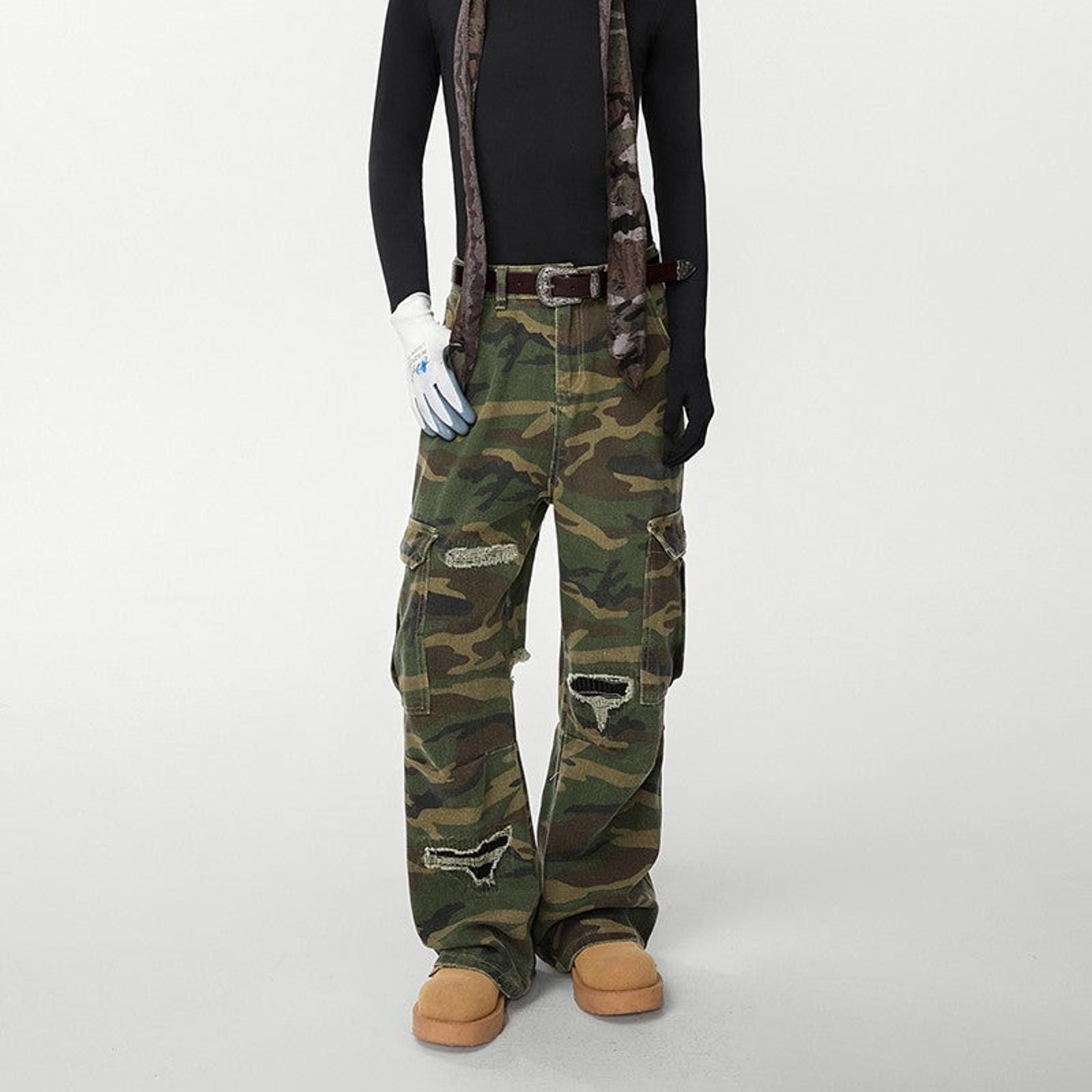 Vintage Camo Distressed Cargo Stacked Pants, Wide Leg Flared Pants Size US 30 / EU 46 - 3 Thumbnail