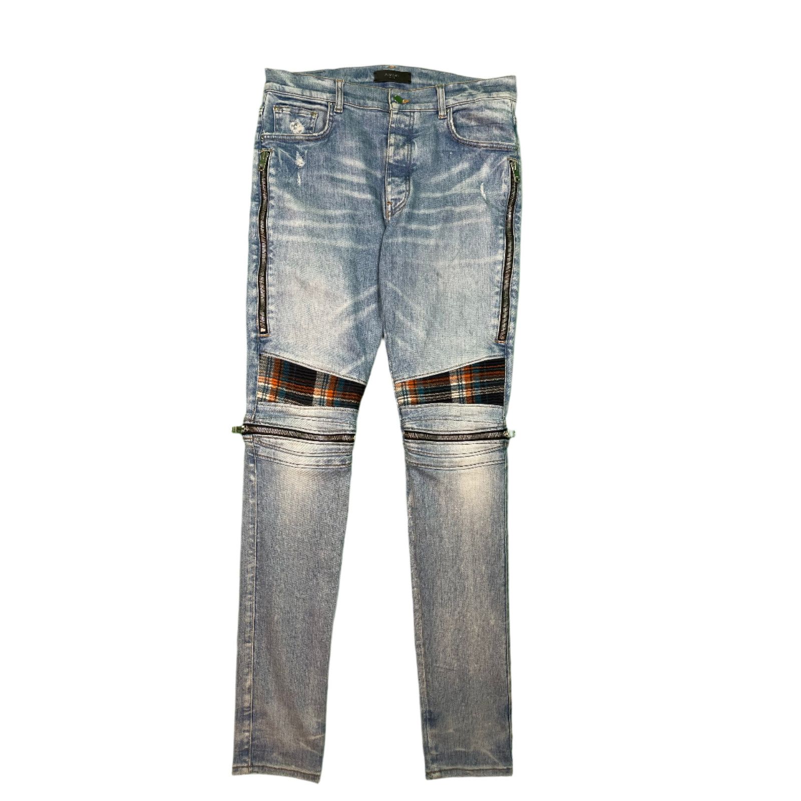 Amiri Amiri MX2 Blue & Orange Plaid Patch Light Wash Blue Jeans Size US 34 / EU 50 - 1 Thumbnail