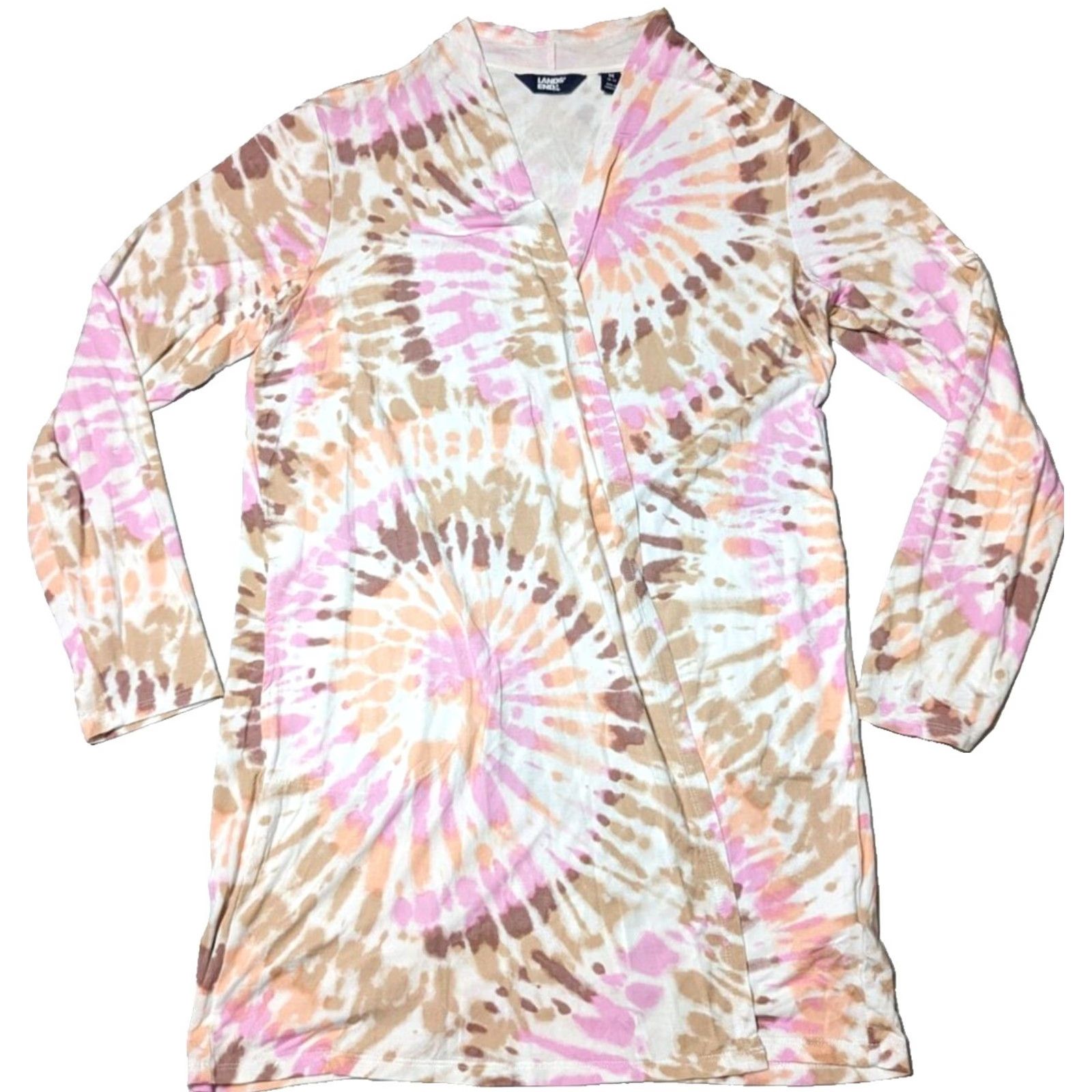 Lands' End Lands' End Cardigan Women Medium Rayon Spandex Open Front Tie Dye Brown Long Sleeve Regular Fit M Adult Womens (10-12) Size M / US 6-8 / IT 42-44 - 2 Thumbnail