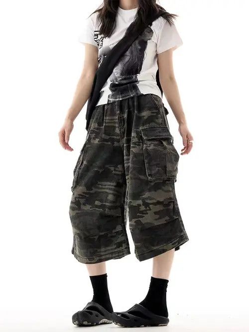 VIBE Vintage High Street Hip Hop Camo Denim Shorts Size US 32 / EU 48 - 4 Thumbnail