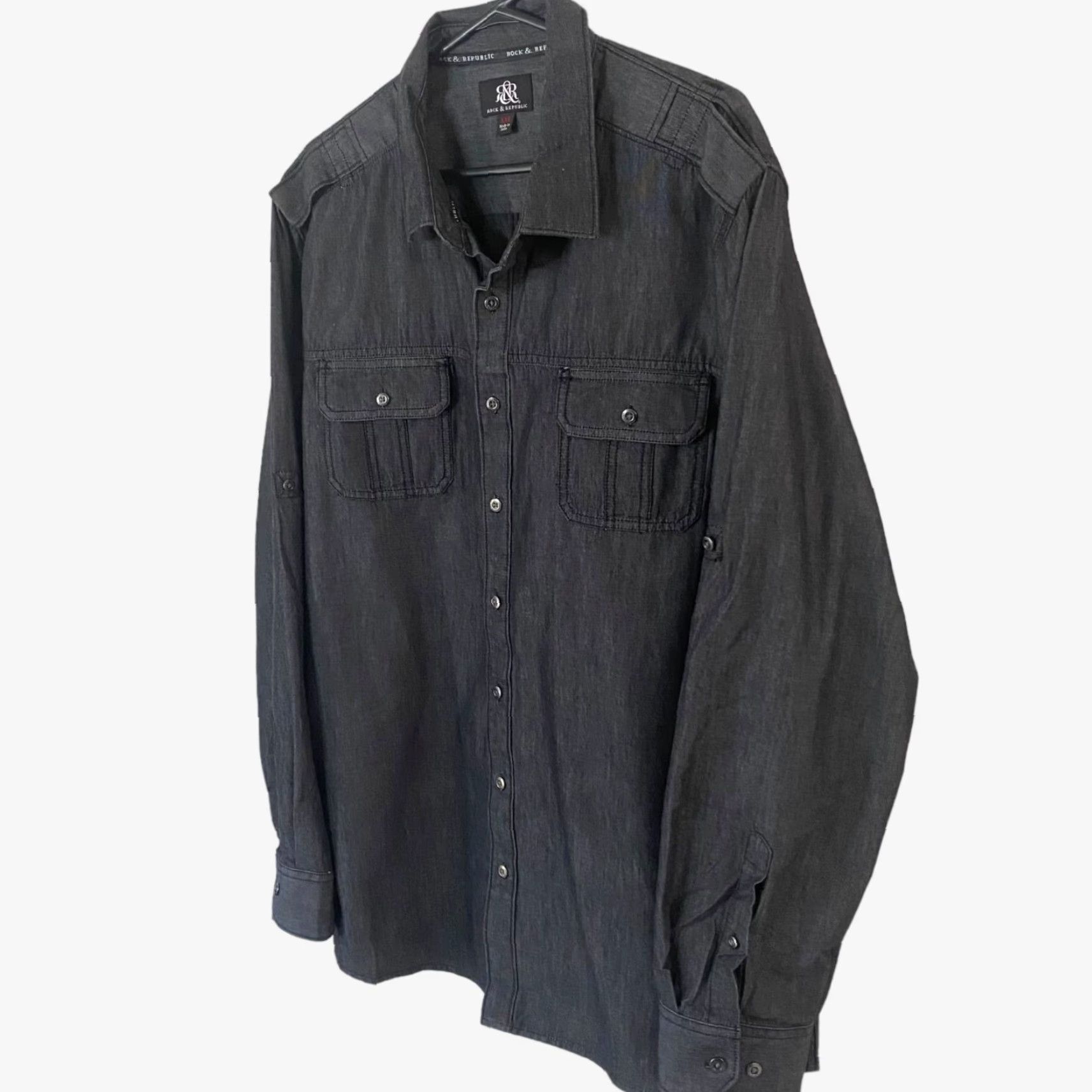 Vintage VINTAGE Rock & Republic Button Up Shirt Men 2XL Denim Long Sleeve Black Gothic Rock Pocketed 2 Chest Pockets Mens XXL Button-Front Shirt Size US XXL / EU 58 / 5 - 2 Thumbnail