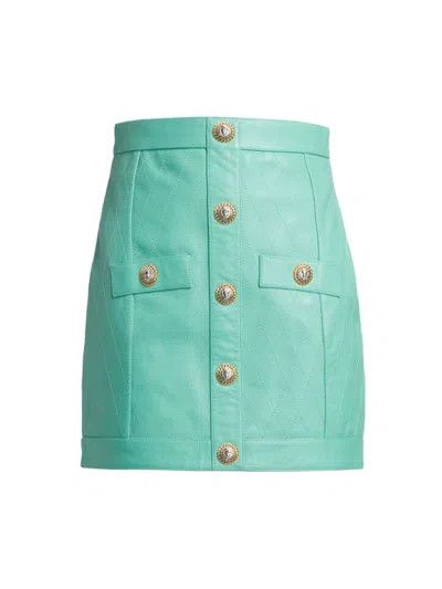 Balmain o1s1wg110725 Button Detail Leather Mini Skirt in Mint Green Size 27" / US 4 / IT 40 - 1 Preview