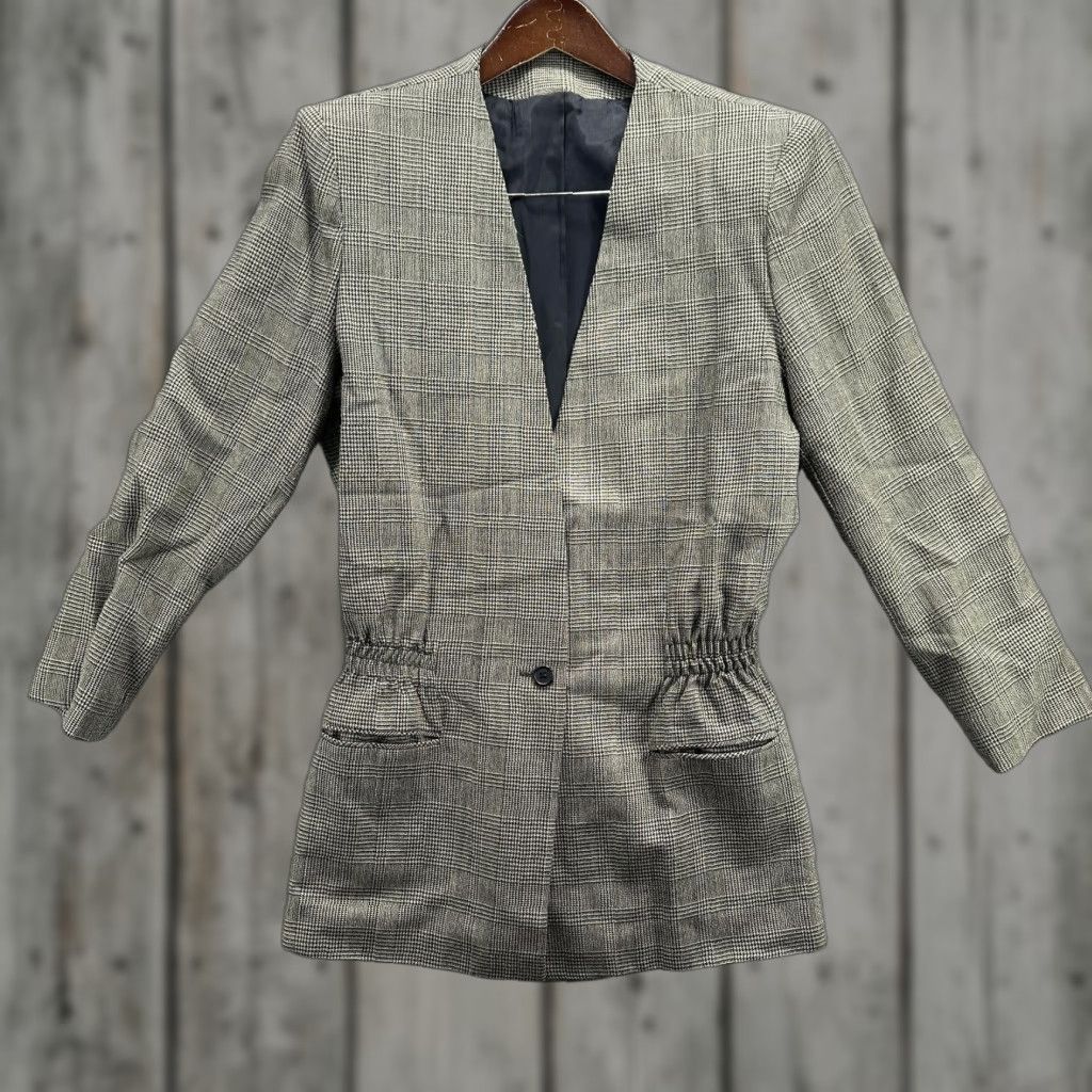 Vintage Woodward Blazer Womens 6 Gray Glen Plaid Single Button Elastic Waist Mid-Length Jacket Coats Business Workwear Size M / US 6-8 / IT 42-44 - 1 Thumbnail