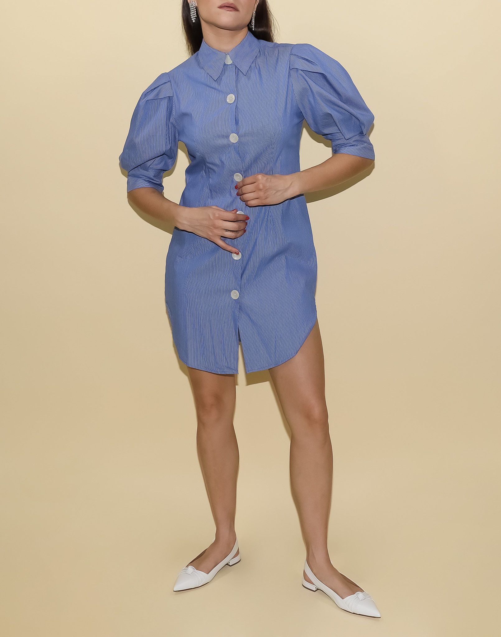 Vintage Preppy Blue Striped Puff Sleeve Summer Dress Size S / US 4 / IT 40 - 1 Thumbnail