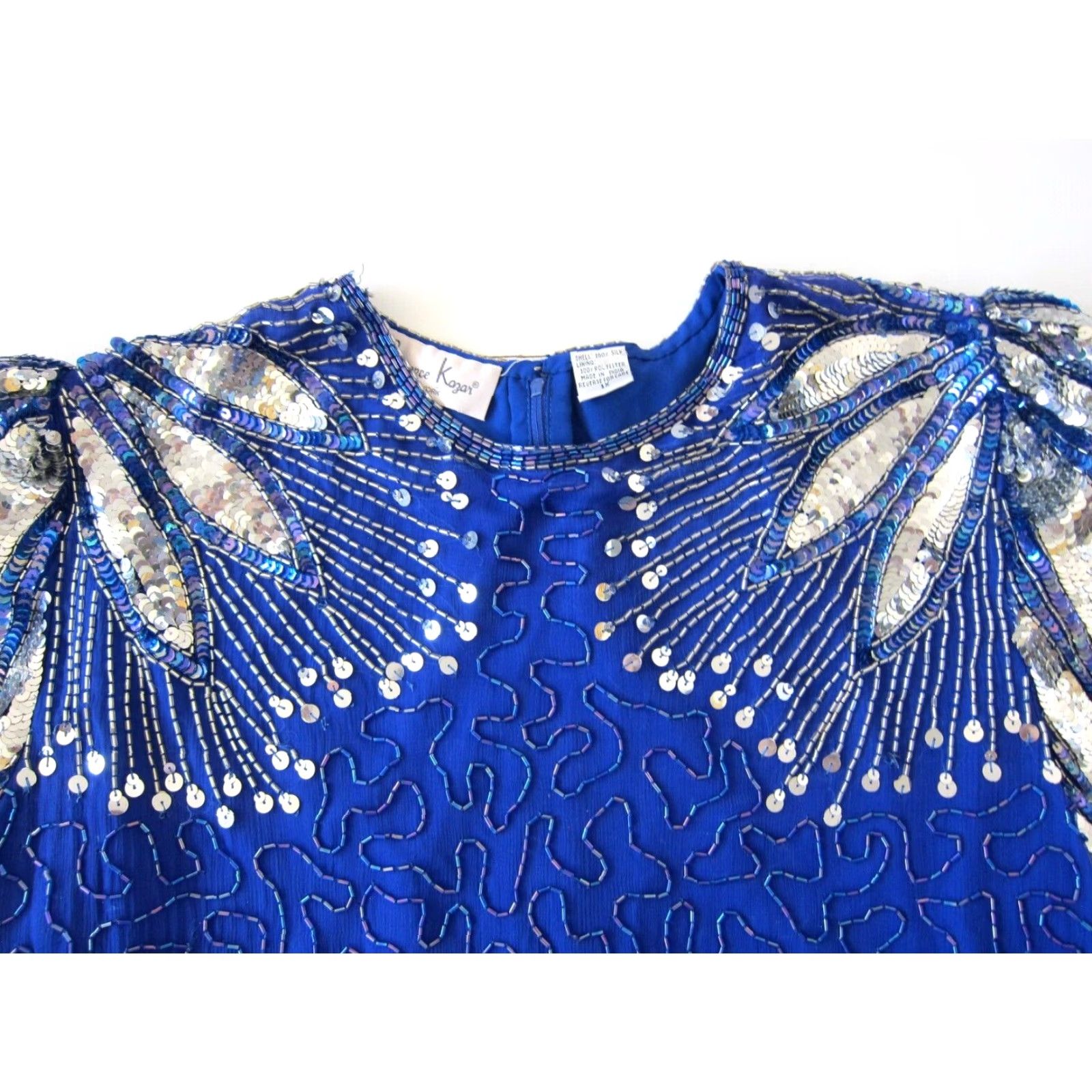 Vintage VINTAGE Laurence Kazar 100% Silk Blue Silver Beaded Sequin Short Sleeve Tunic Dress 1X Size 40" / US 18 - 6 Thumbnail