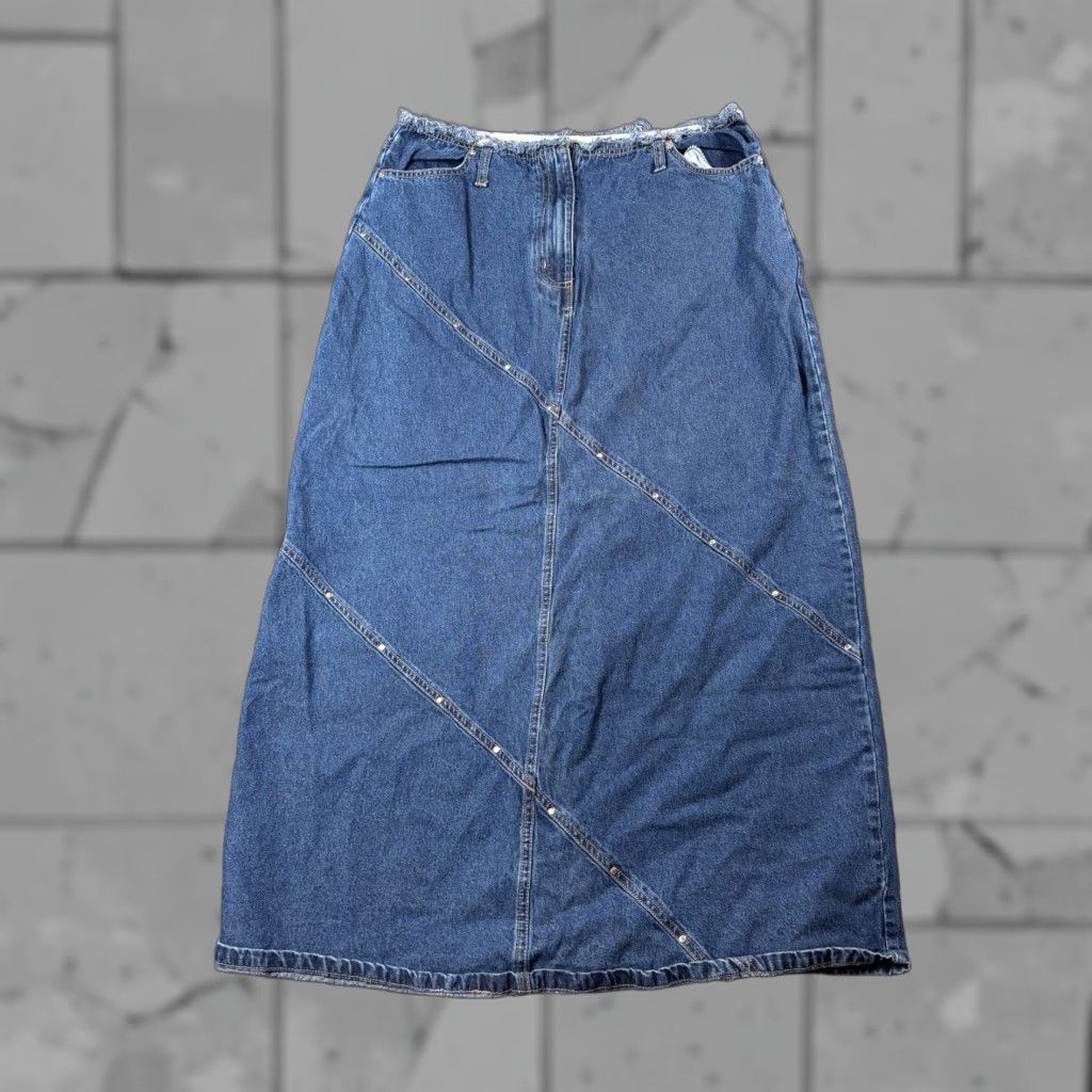 VINTAGE David Paul Denim Skirt Womens 14 Blue Long Western Fringe Studded Skirt