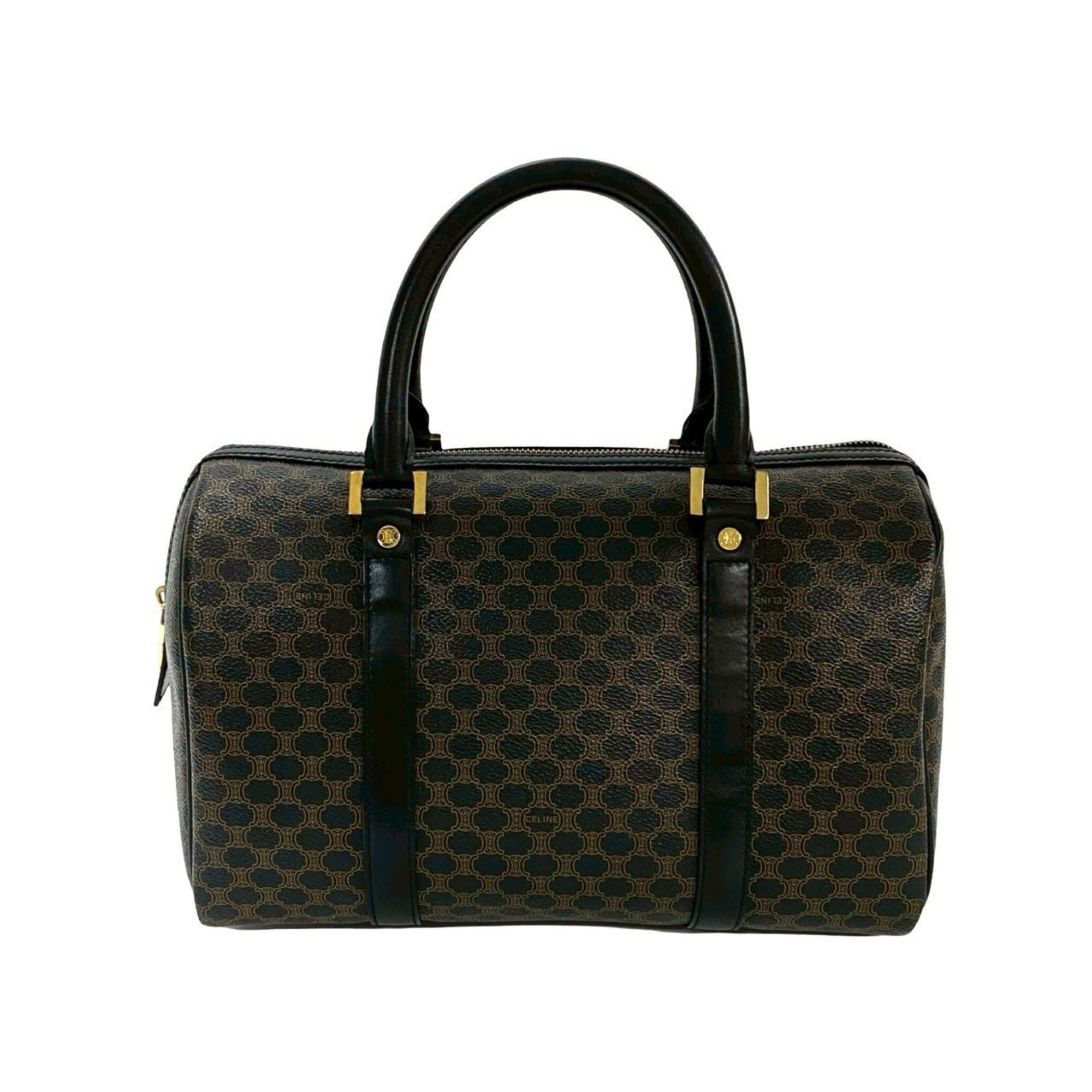 CELINE Vintage Macadam Blason Triomphe Leather Handbag/Mini Boston Bag Black 435-3